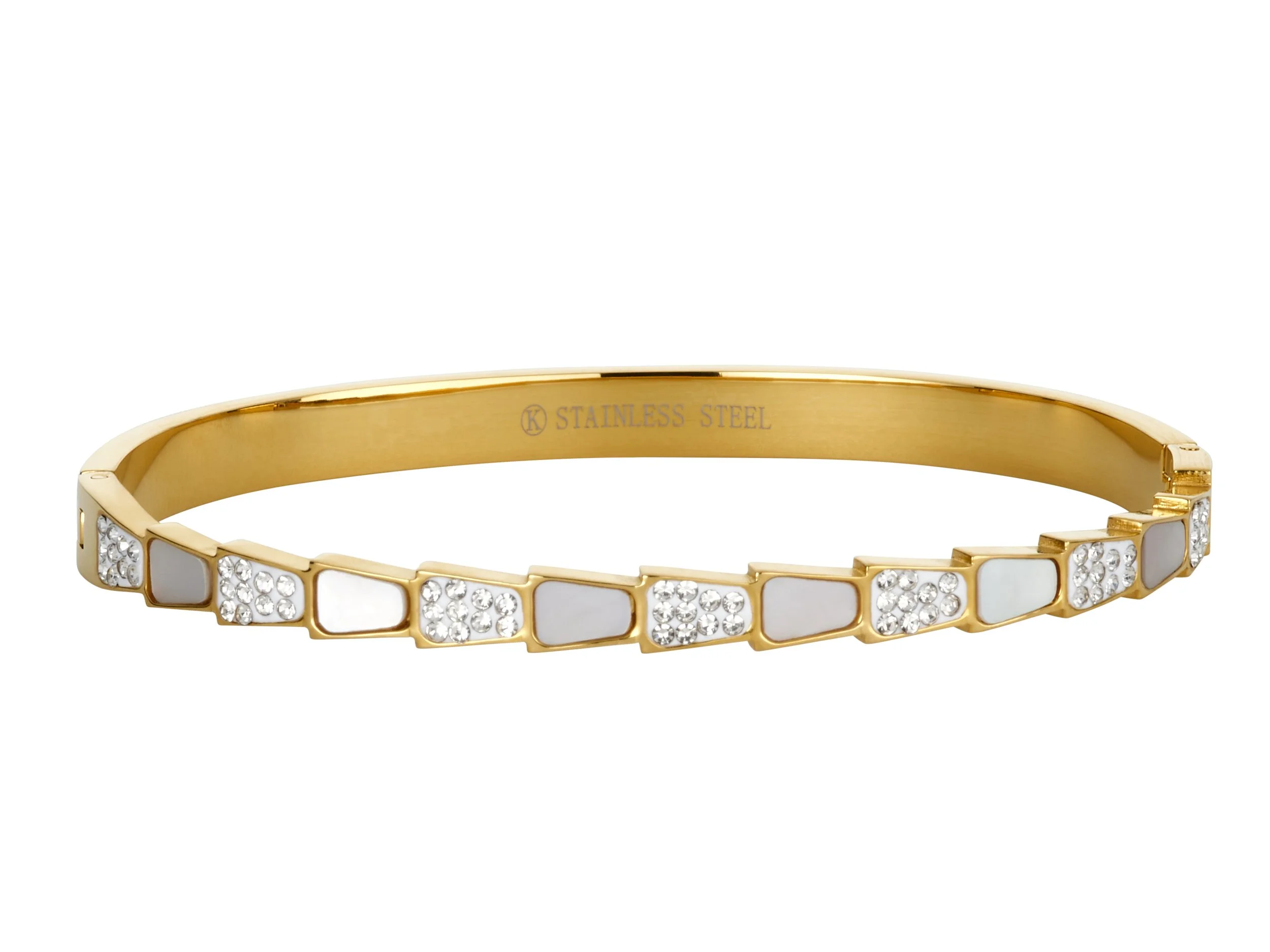 Gold-tone bracelet with white inlays and embedded clear crystals, engraved with 'Stainless Steel' inside.