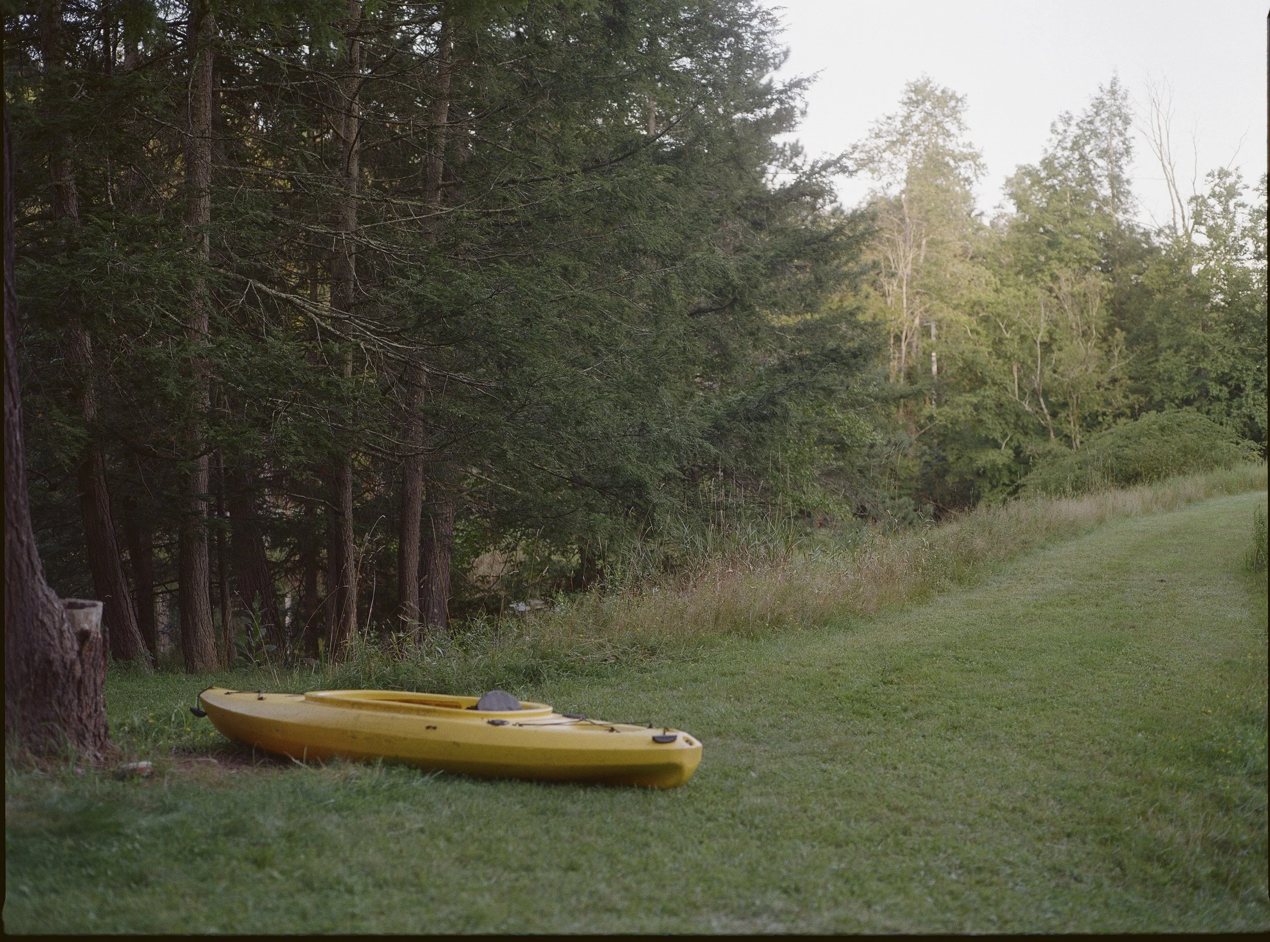 A yellow kayak on a grassy field near a forest, with trees in the background and a sunset sky.