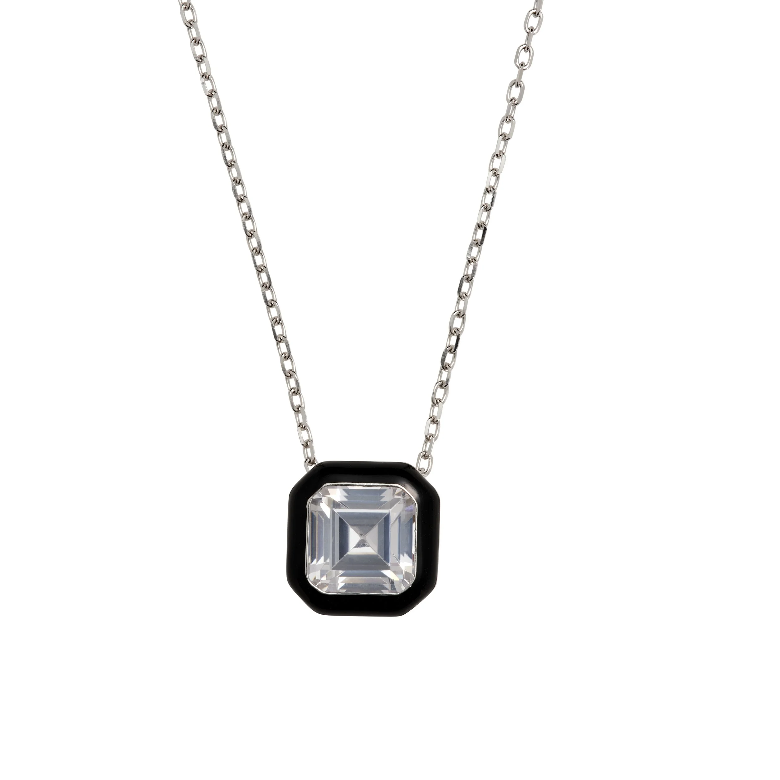 Silver chain necklace with a square-cut glass pendant in a black setting.