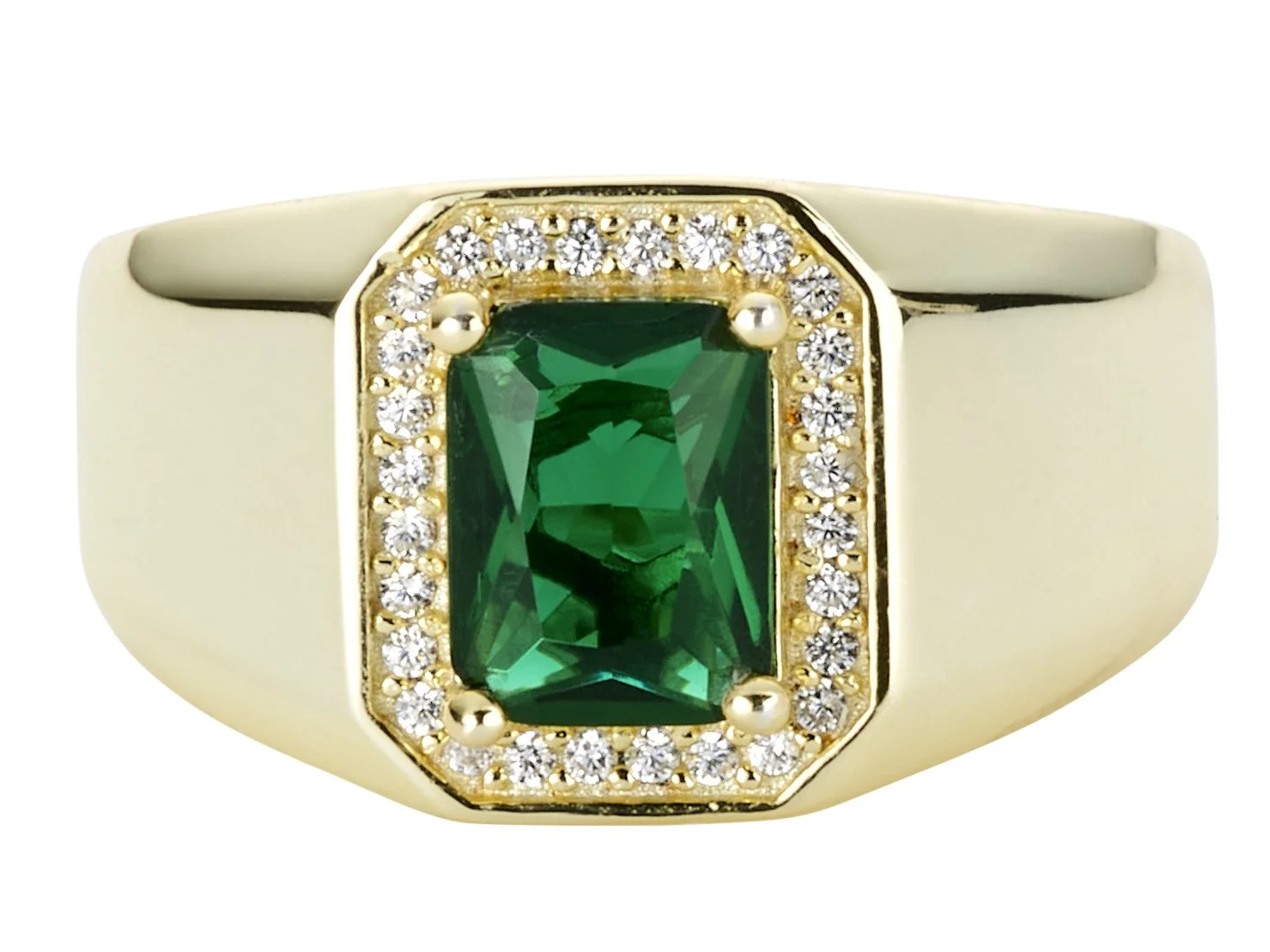 Gold ring with a green emerald center stone surrounded by small diamonds.
