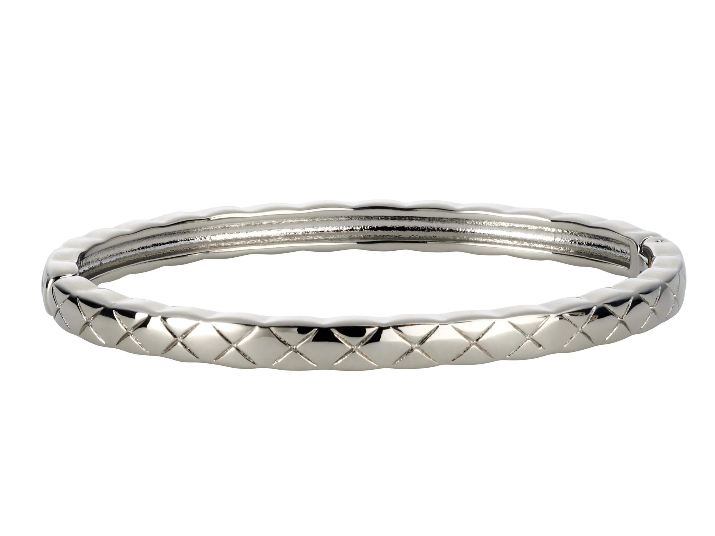 Silver bracelet with a textured, criss-cross pattern
