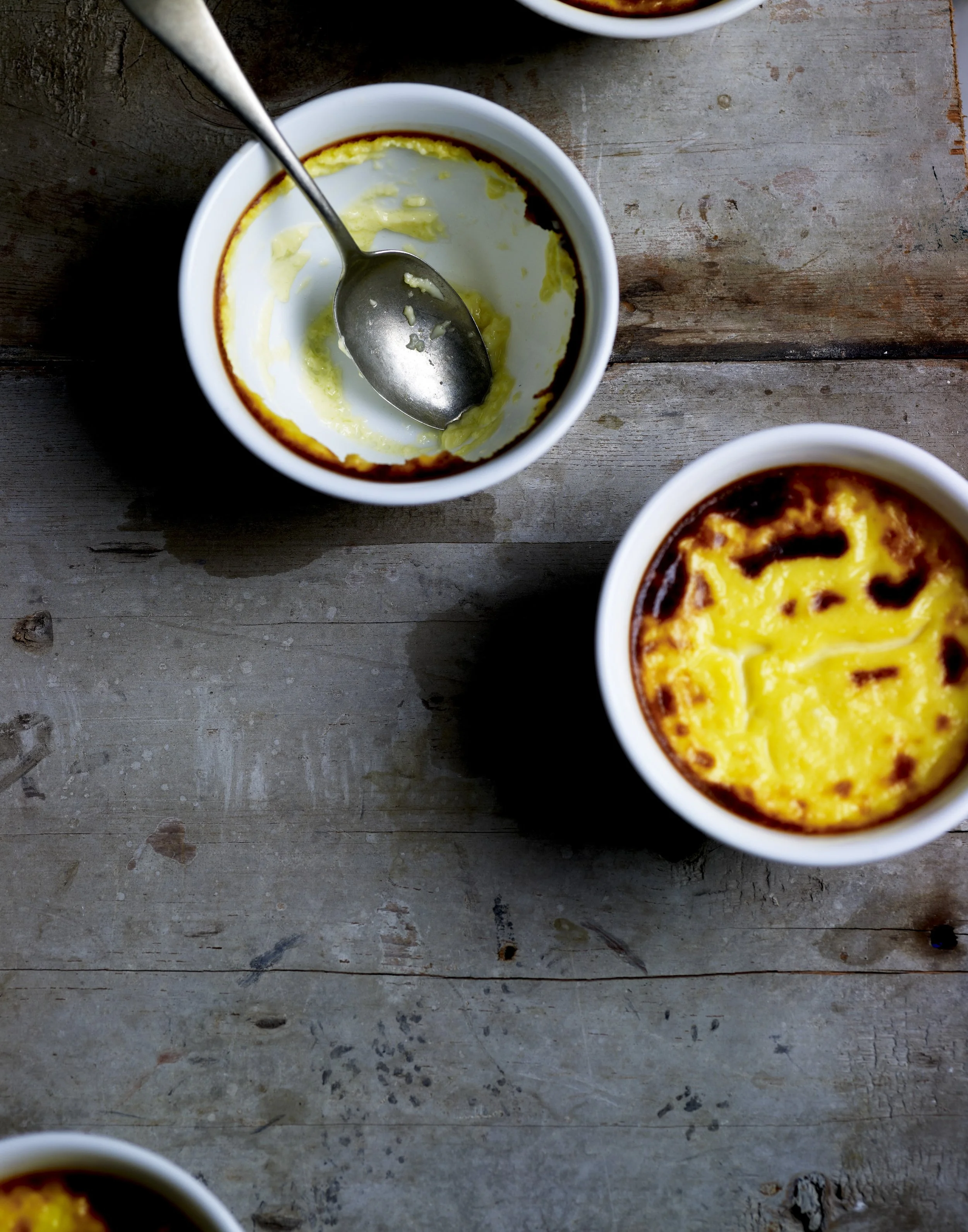 Empty white coffee cup with remnants of coffee and butter, placed on a rustic wooden table.