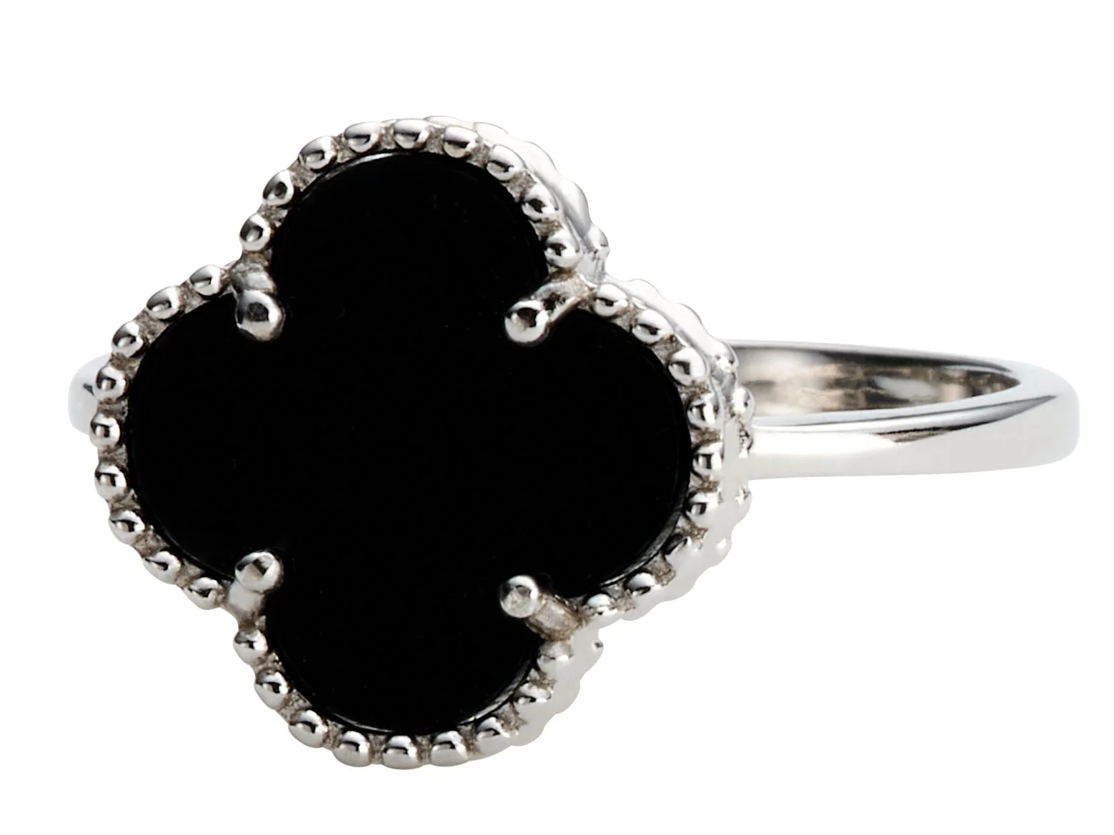 Silver ring with two black oval gemstones surrounded by small silver beads.