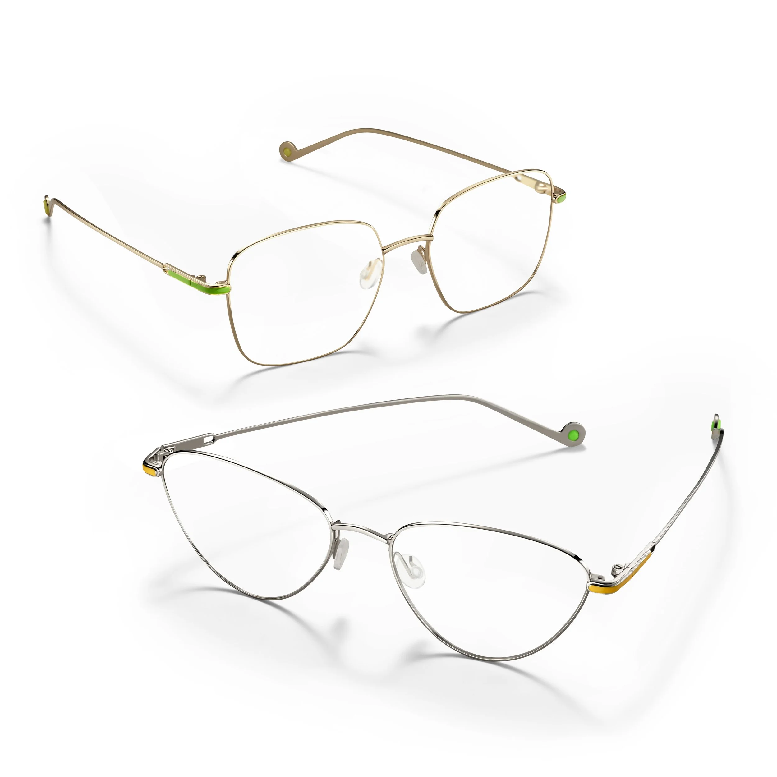 Two pairs of eyeglasses with metal frames on a white background, one above the other.