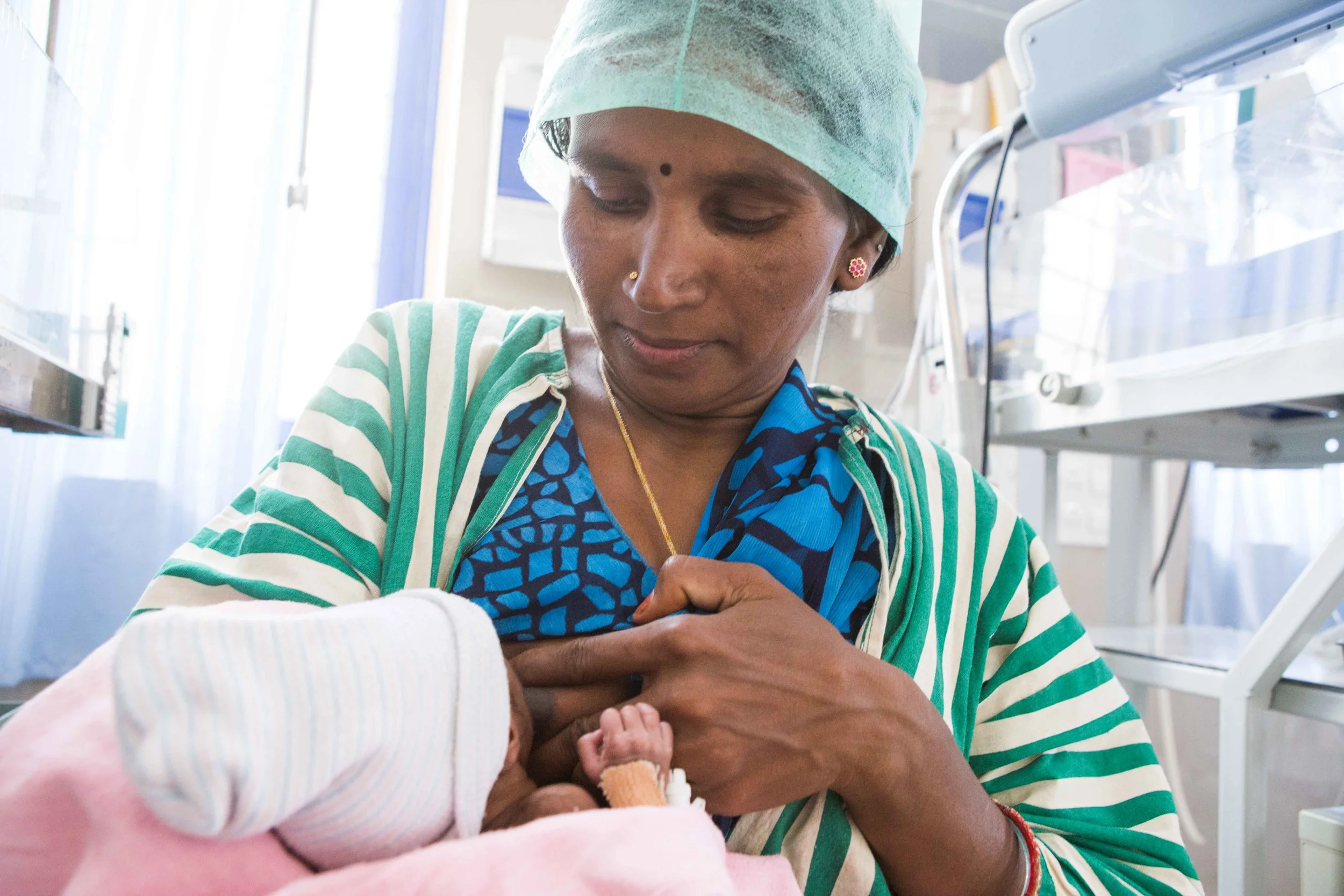 A ROP baby being breast fed by the mother in the NICU. District Hospital Nalagonda, Telangana