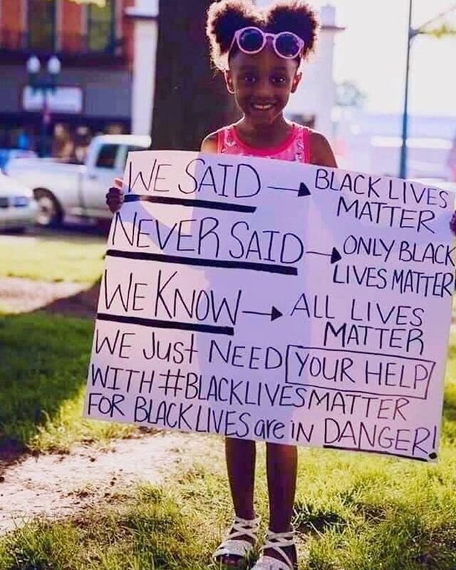 If people could realize that hashtags and protest chants are shorthand have much larger meaning. I love this photo of a beautiful young Black girl holding a sign clarifying what shouldn&rsquo;t have to be explained but does. I don&rsquo;t have an att