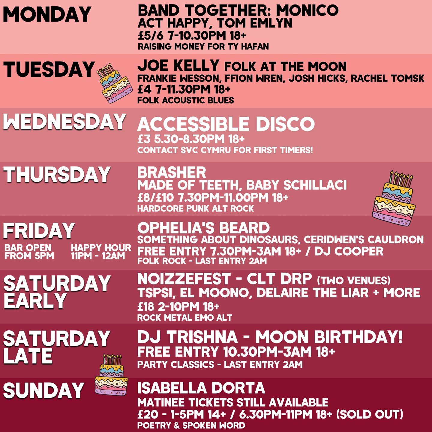 IT'S OUR BIRTHDAY! 🎂
7 years bringing you music and joy as The Moon Cardiff &amp; Creative Republic of Cardiff. Celebrate with us at TEN events this week, starting tonight with @bandtogethercardiff 
#themooncardiff #cardiffmusic #cardiffevents #what