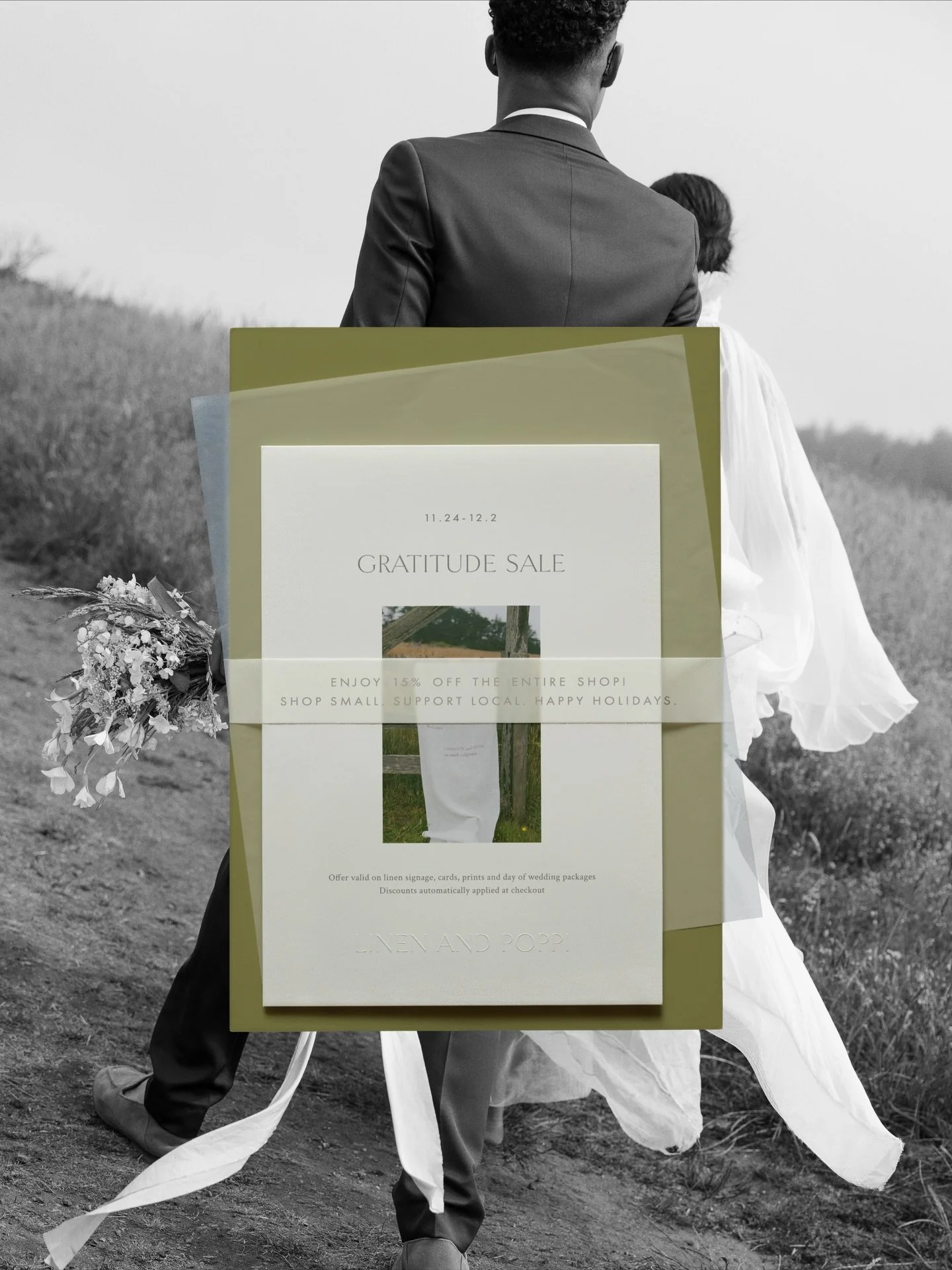 The Gratitude Sale is here &mdash; 

Enjoy 15% off the entire shop from 11.14-12.2

🕊️Offer valid on linen signage, cards, prints AND day of wedding packages. Discount automatically applied at checkout.

Thank you for your continued support!

SHOP S
