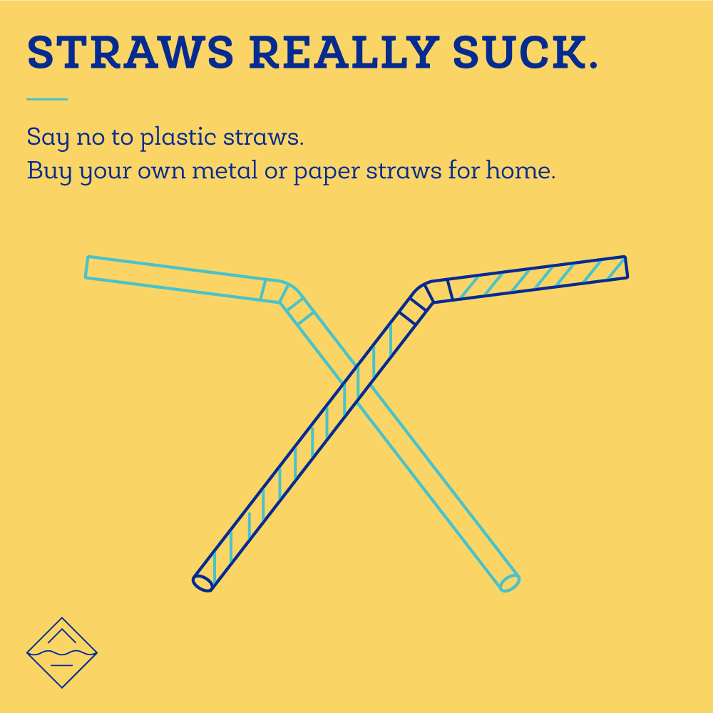   Straws suck bad.  What's one of the main pieces of plastic that's found on beaches? Straws! This silly, single-use item is unnecessary. Cut these suckers out of your plastic use.  Find straw alternatives in the  green directory.   