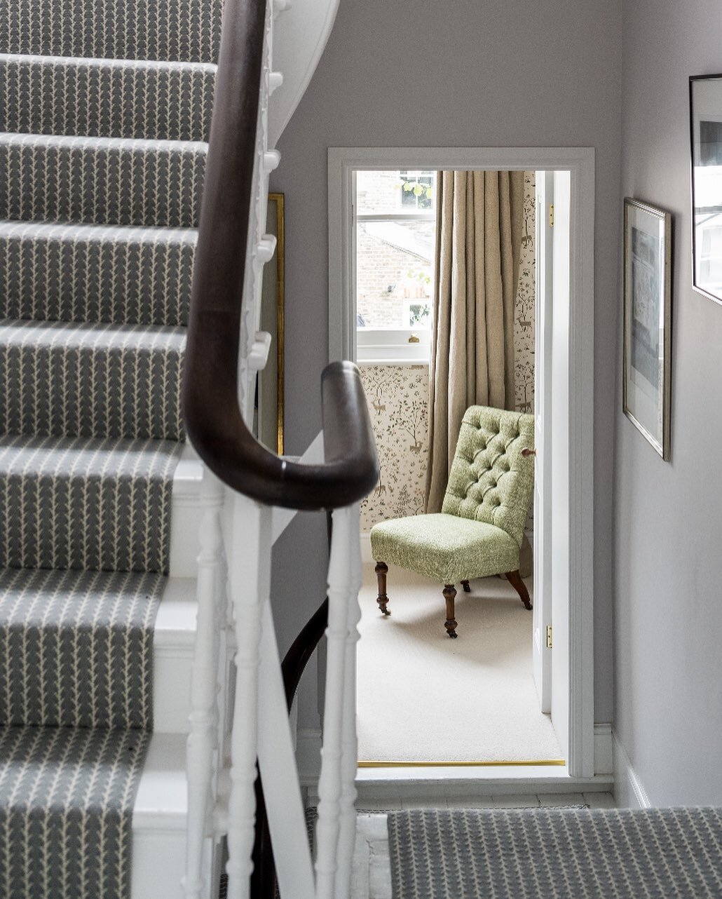 New Work 💫 Townhouse in Kentish Town. Lovely view from the landing through to the nursery 📷 @frenchandtye 

Stair Runner @fleetwoodfoxcarpets 
Nursery Wallpaper @lewisandwood 
Chair in @fermoie 
Curtains @clothshoplondon