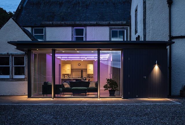 Project in Scottish Borders. New high performance extension has replaced 1980s conservatory with kitchen opened up to views down the Tweed Valley. Lighting by Victoria Richardson.  #lotsoflight #scottishborders #scottisharchitecture #nordanwindows #r