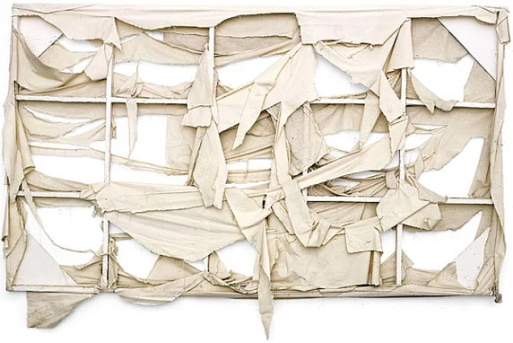 Michael Buthe , Weisses Bild , 1969 shredded canvas and wood, 151 x 256 cm