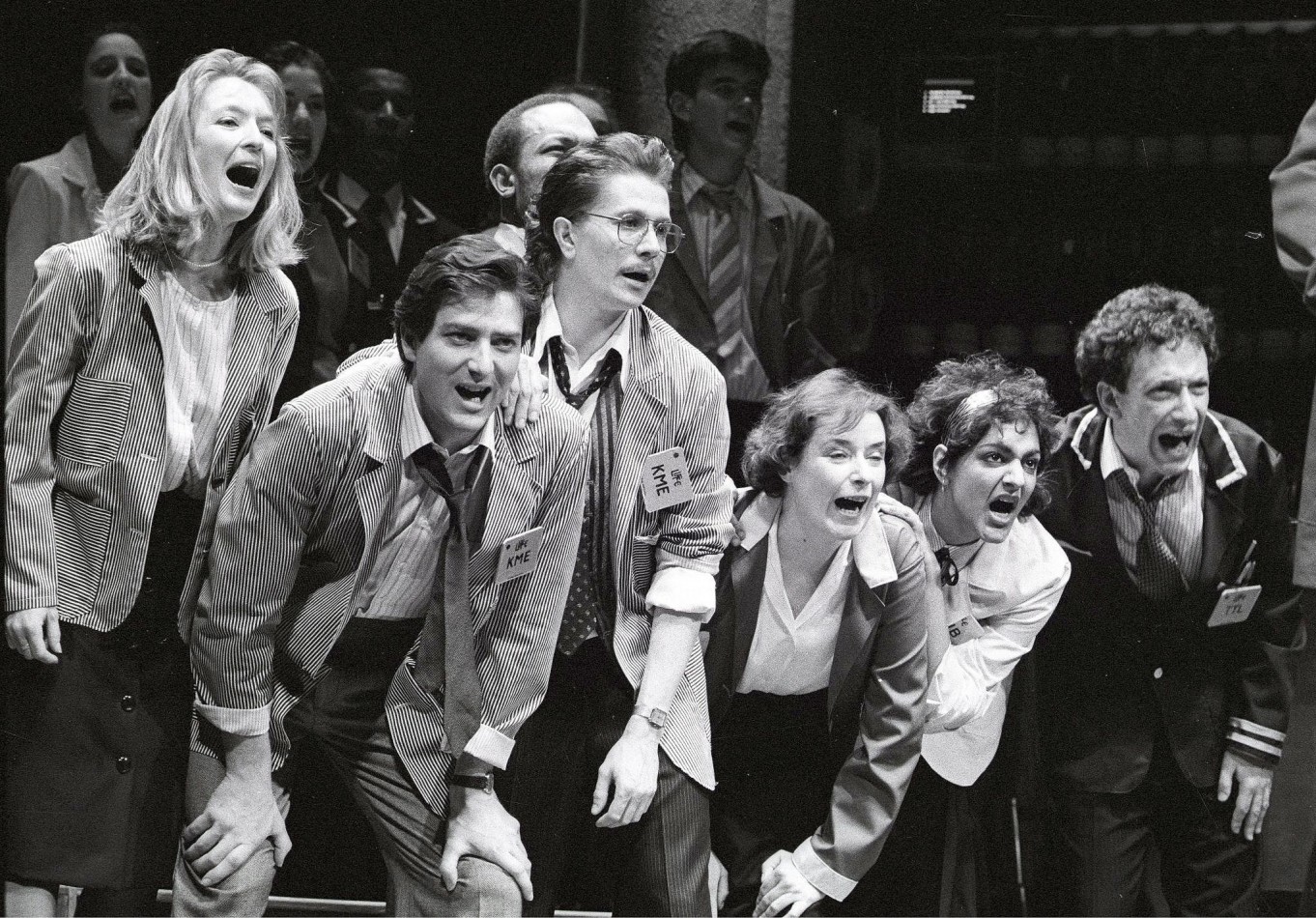 From left to right: Lesley Manville, Julian Wadlam, Gary Oldman, Linda Bassett, Meera Syal, Allan Corduner in Caryl Churchill’s Serious Money . Royal Court (1987)