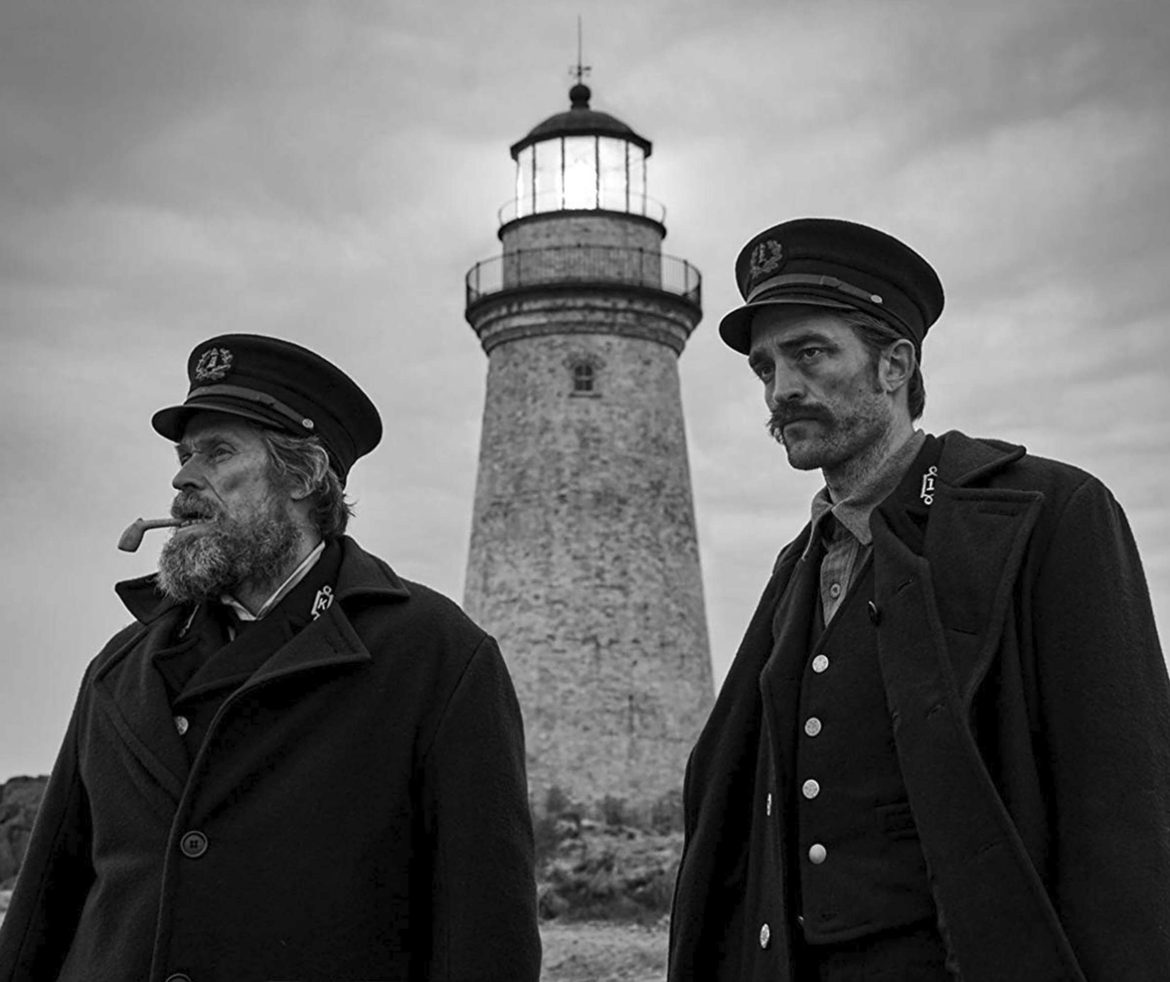 The Lighthouse (2019) dir. Robert Eggers feat. Willem Dafoe as Thomas Wake and Robert Pattinson as Ephraim Winslow