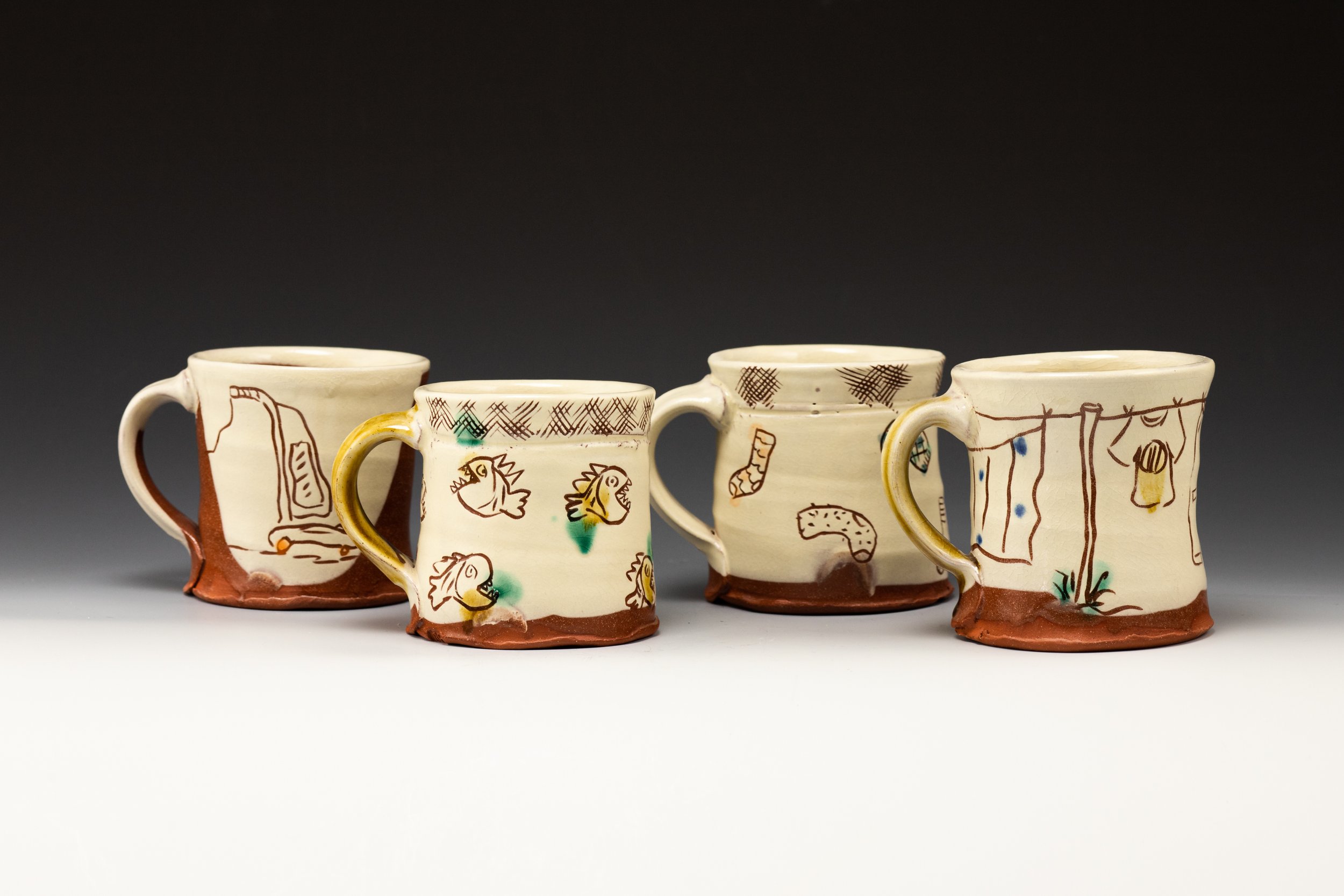 Ron Philbeck, set of 4 mugs, 3.75" x 5" x 4" each