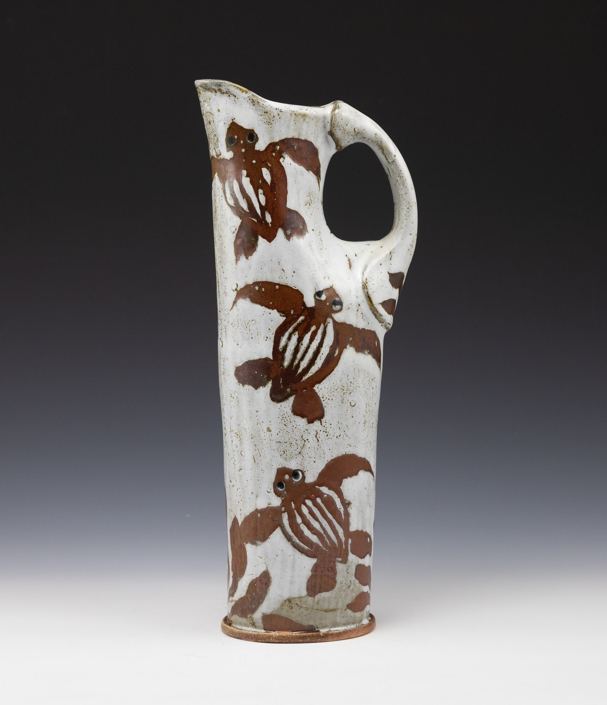 Ken &amp; Galen Sedberry, Wood fired pitcher with turtles, 14.5" x 5.5" x 3"