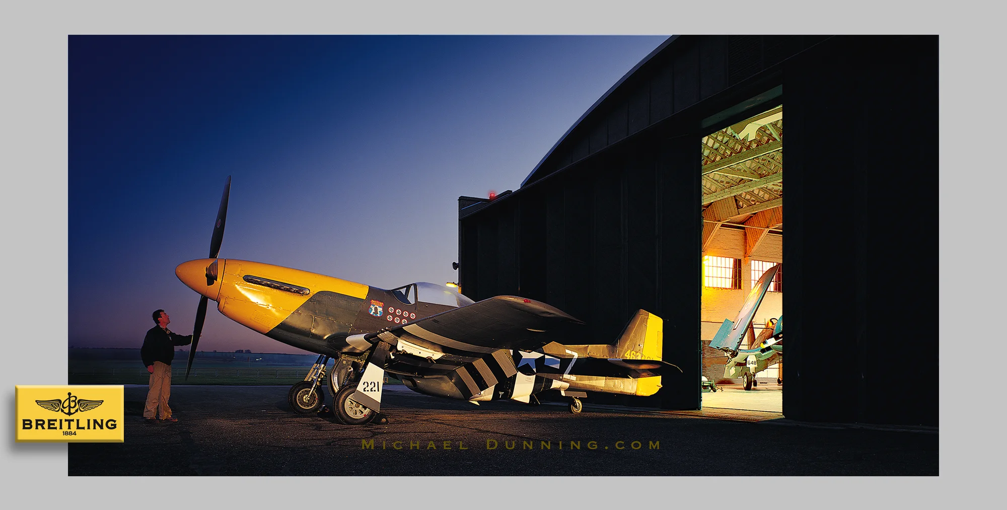 The brief from Breitling was to create an image of the pilot inspecting his P51 Mustang at dawn.