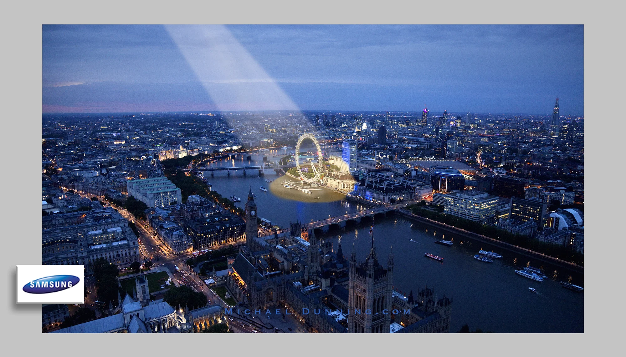 The brief from Samsung was to create a photograph of the London Eye illuminated by the beam of a spotlight. Two photographs were shot from a helicopter in exactly the same position, one in the day and the other at night. These two images were combined to give the illusion of a spotlight and the final image was used to advertise a new camera with low light capabilities.