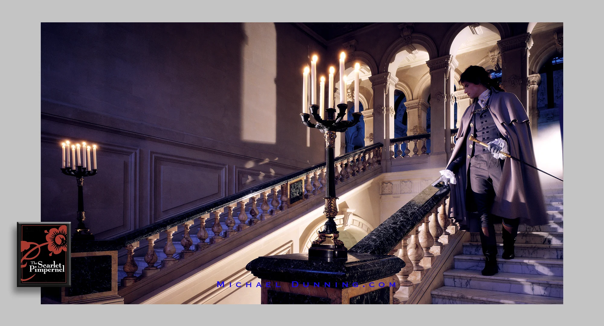 The brief was to create an image of the Scarlet Pimpernel descending a grand staircase.