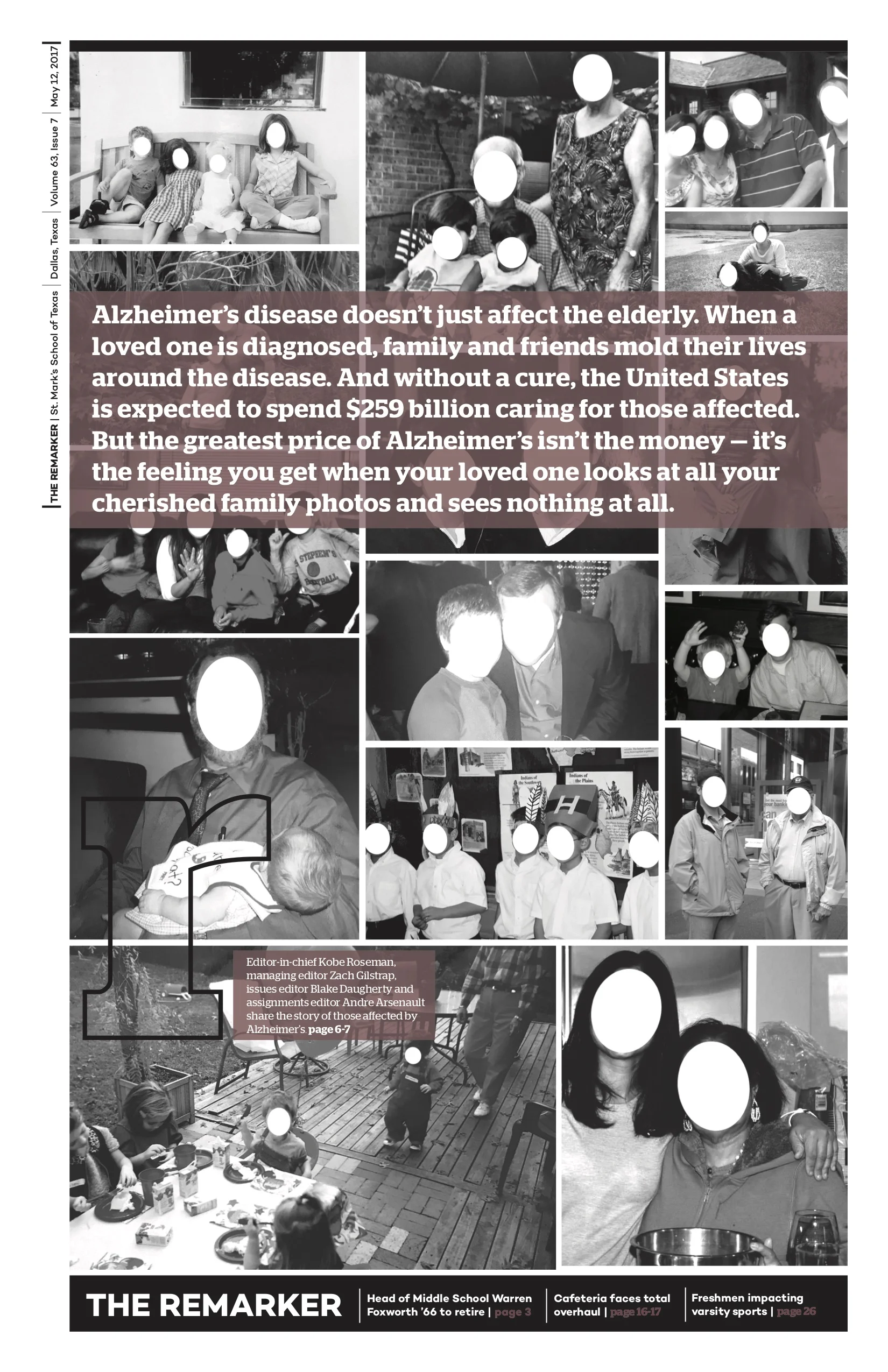 Throughout my page designs, I've learned the power of verbal-visual connections. For this issue's cover story on Alzheimer's, I was sure to end the subhead with a phrase to connect the main photo-album-inspired visual with meaning. 