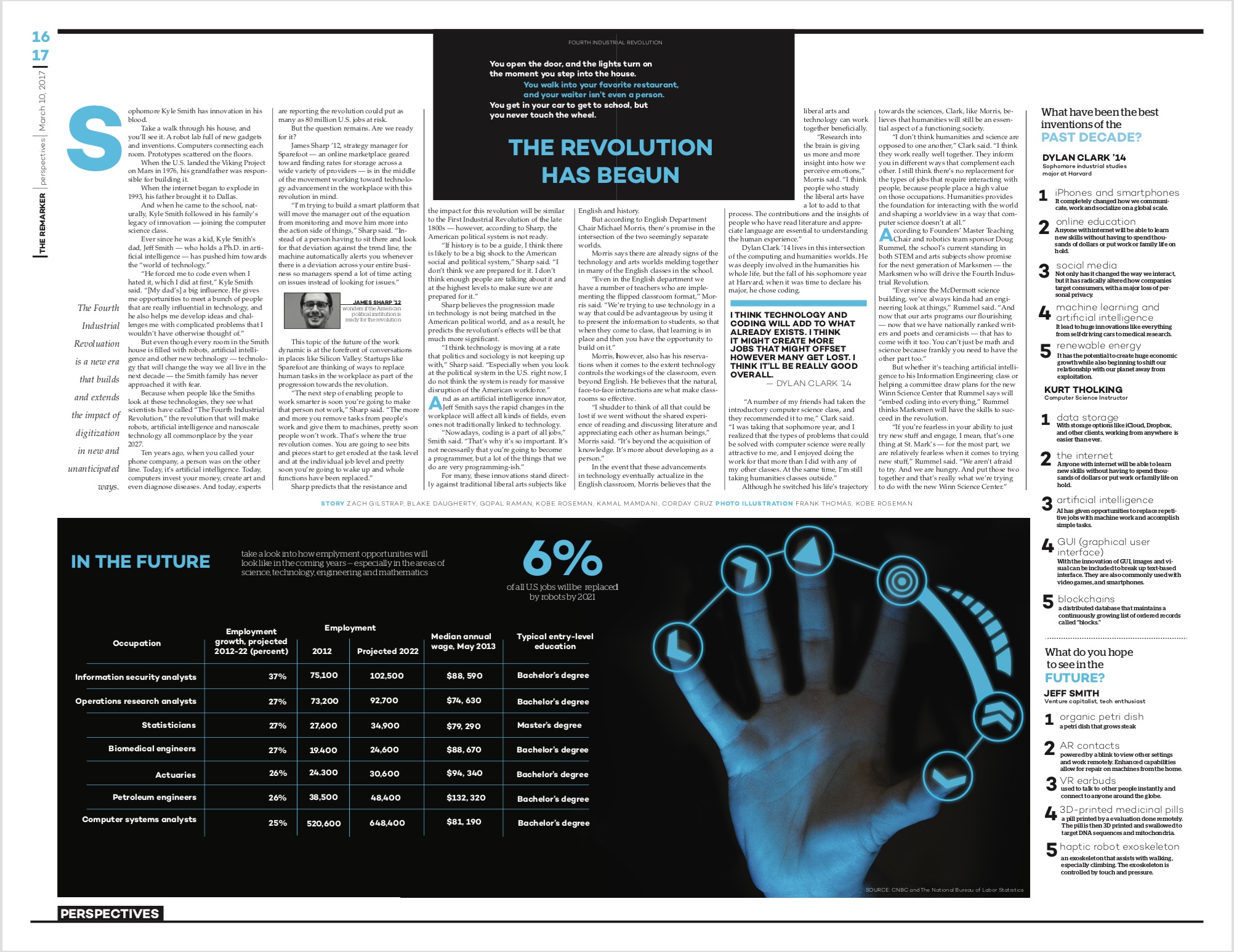 A futuristic story on technology in the fourth industrial revolution merits a page that's equally futuristic in design. The contrast of the blue and black here establishes that futuristic theme and is then carried out through the body copy and supplementary infographics.