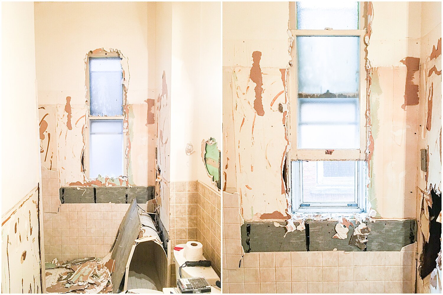  Bathroom window hidden behind drywall and shower surround. 