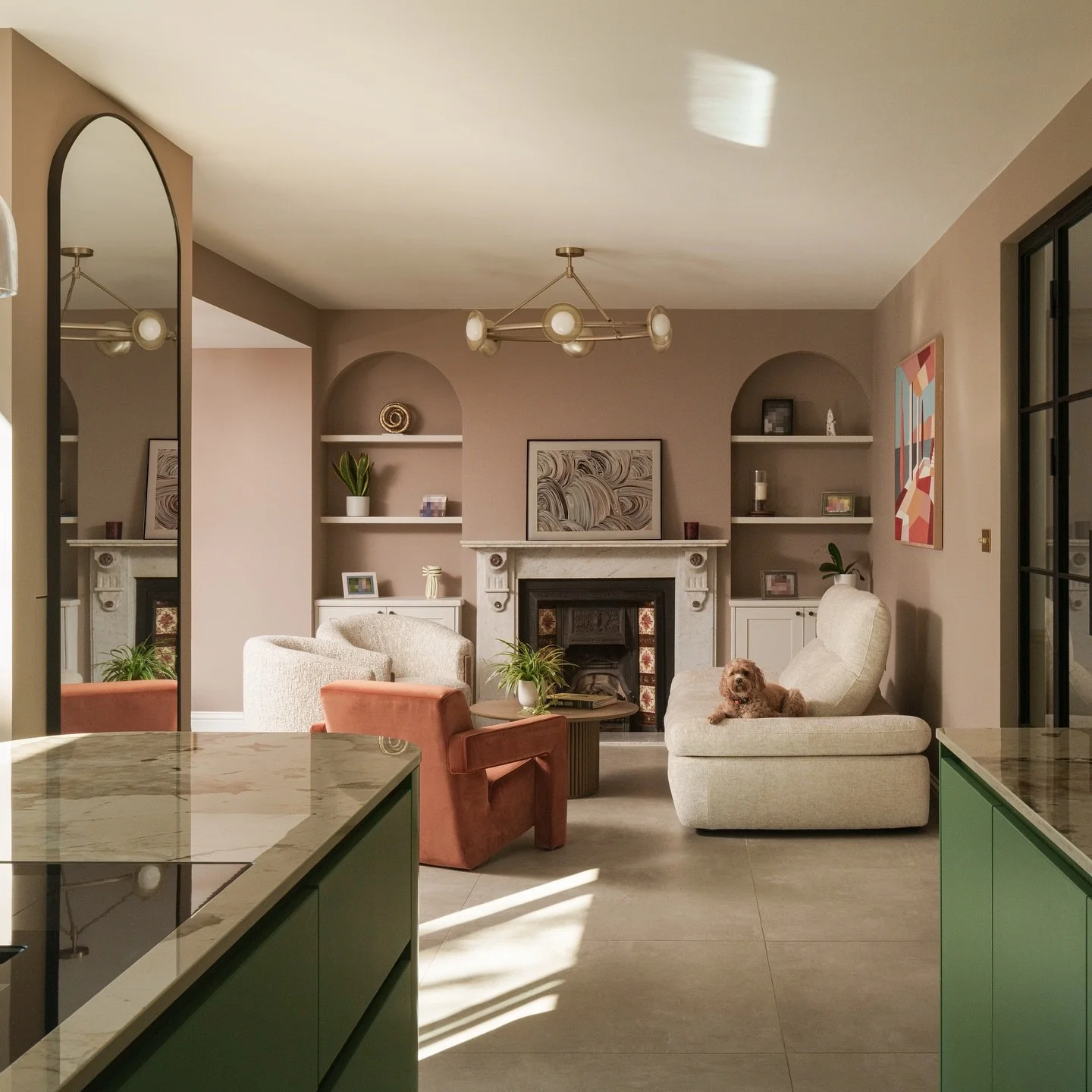 How to be bold with colour , create character whilst delivering a calm interior 

(Scroll to see the chaos before the calm!)

We used sage green cabinetry, natural oak, and soft walls to create a space that feels calm yet full of personality. Large g