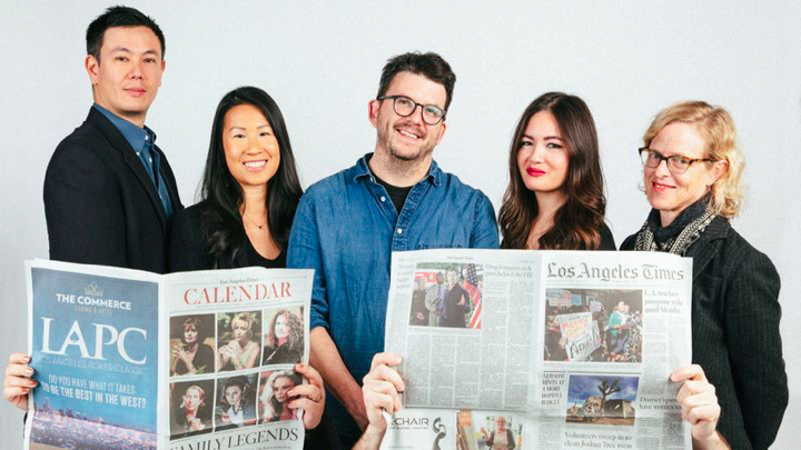 Los Angeles Times Food staff (L-R): Lucas Kwan Peterson, Andrea Chang, Peter Meehan, Jenn Harris and Amy Scattergood in the back row; critics Patricia Escárcega and Bill Addison, behind the newspapers, in front. ( Tiffany Roohani )
