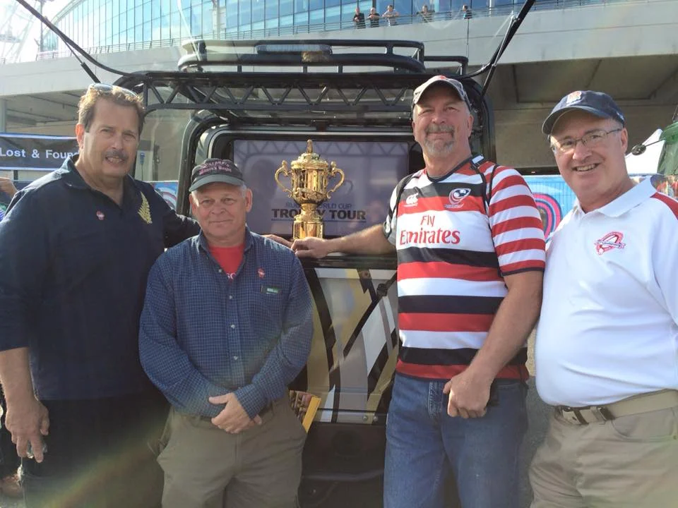 Wisconsin Rugby Club alumnus Robert Buchanan, Bob Jafferis, Greg Zukowski and Terry Godfrey enjoy the Rugby World Cup.