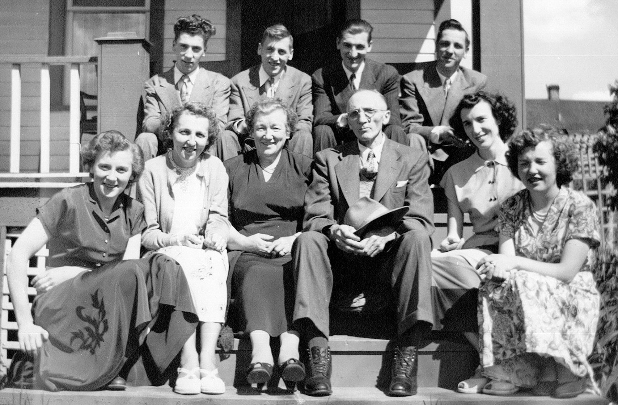  The Askew Family in 1951. Back L to R: Don, Gordon, David and Lloyd. Front L to R: Winnifred, Margery, parents Mary and R.B. (Dick), Marion and Doreen 