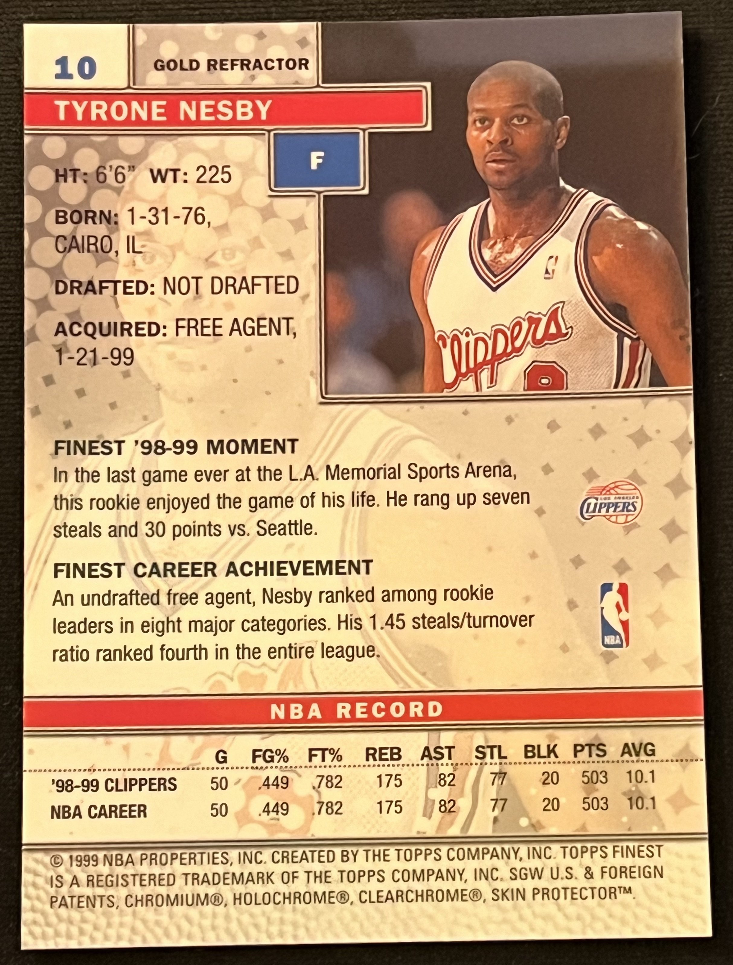 1999 Finest #10 Gold Refractor (No Number ) - back