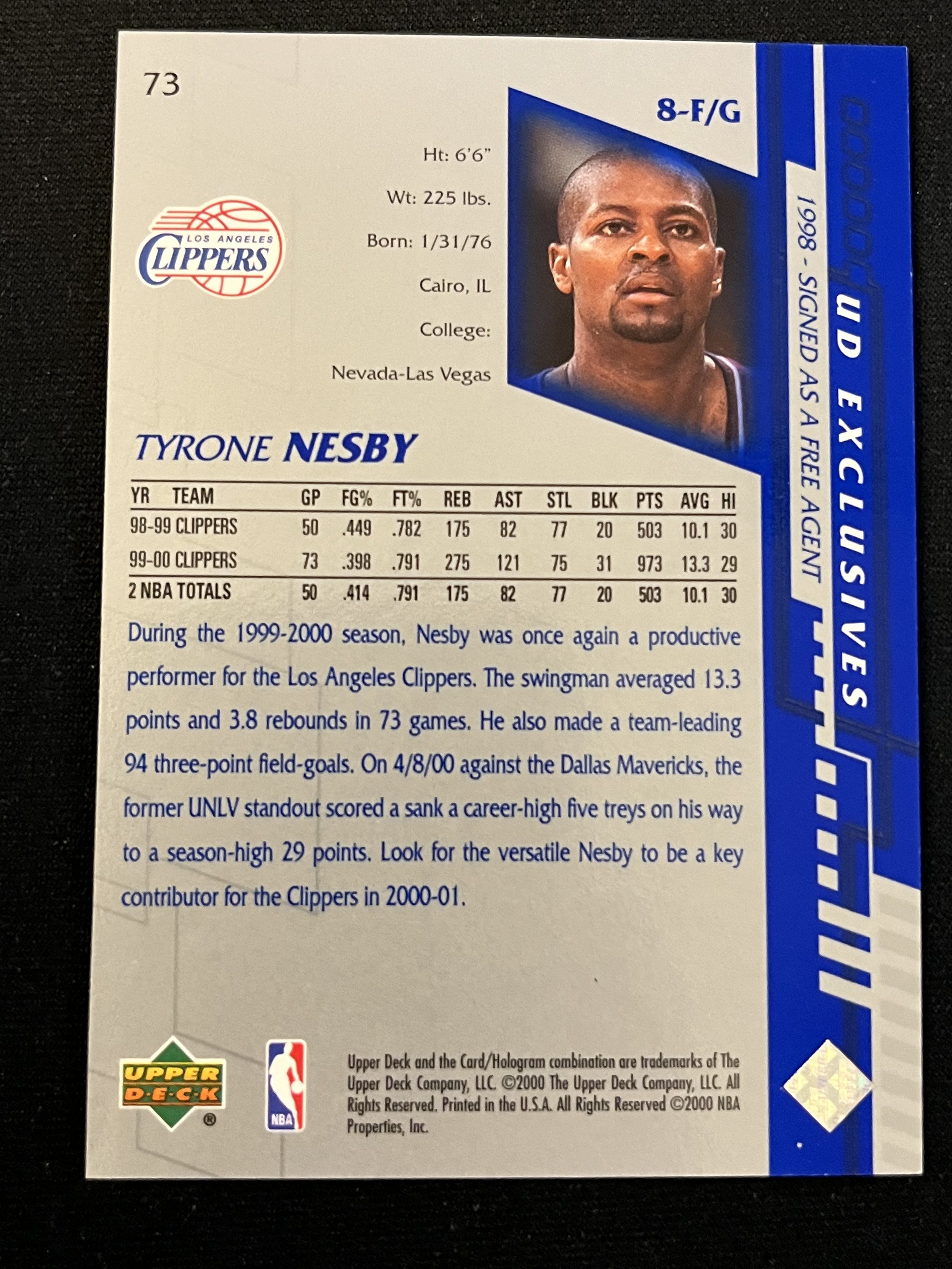 2000 Upper Deck #73 UD Exclusives /500 - back