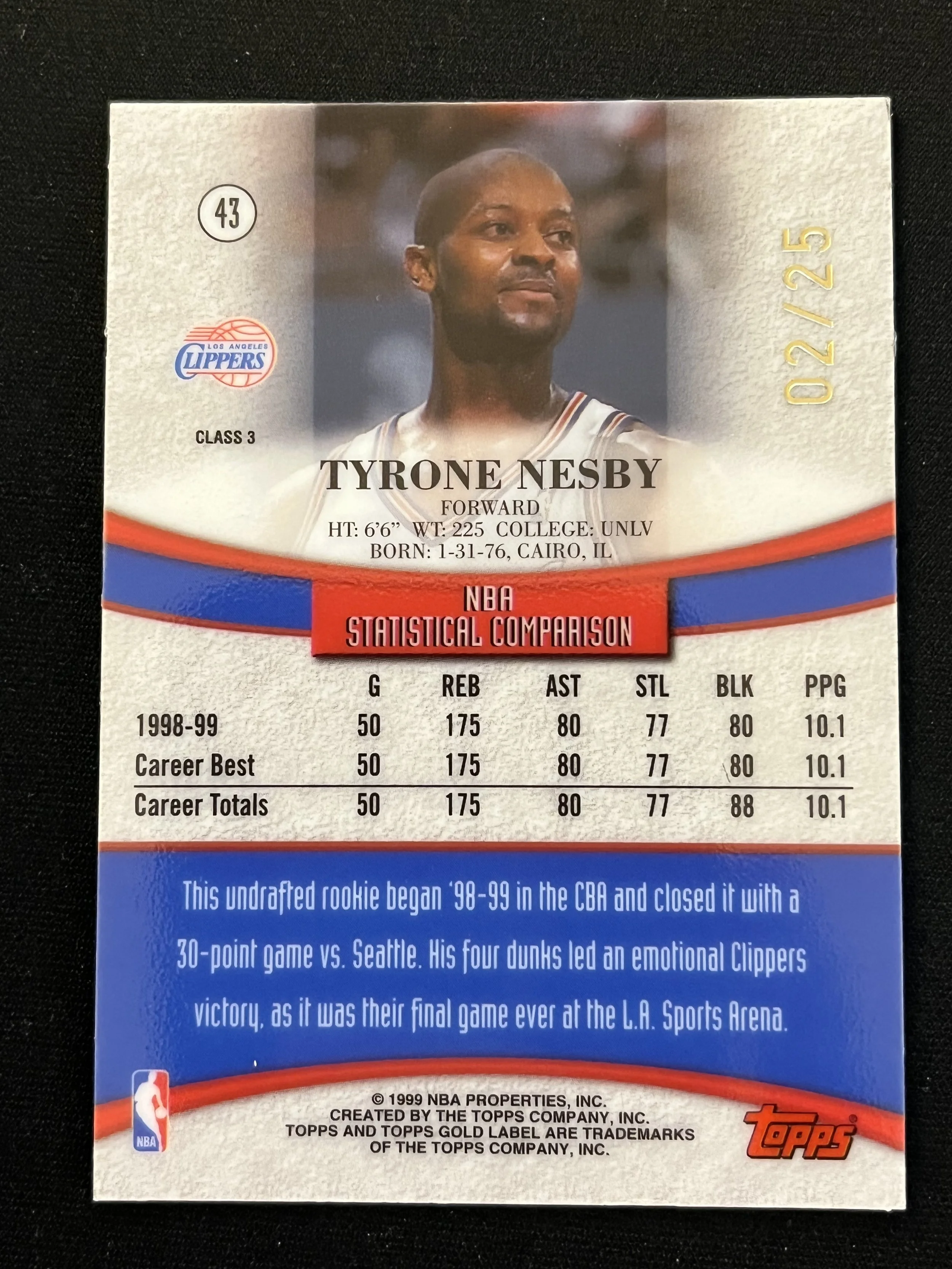 1999 Topps Gold Label Class 3 Red Label /25 - back