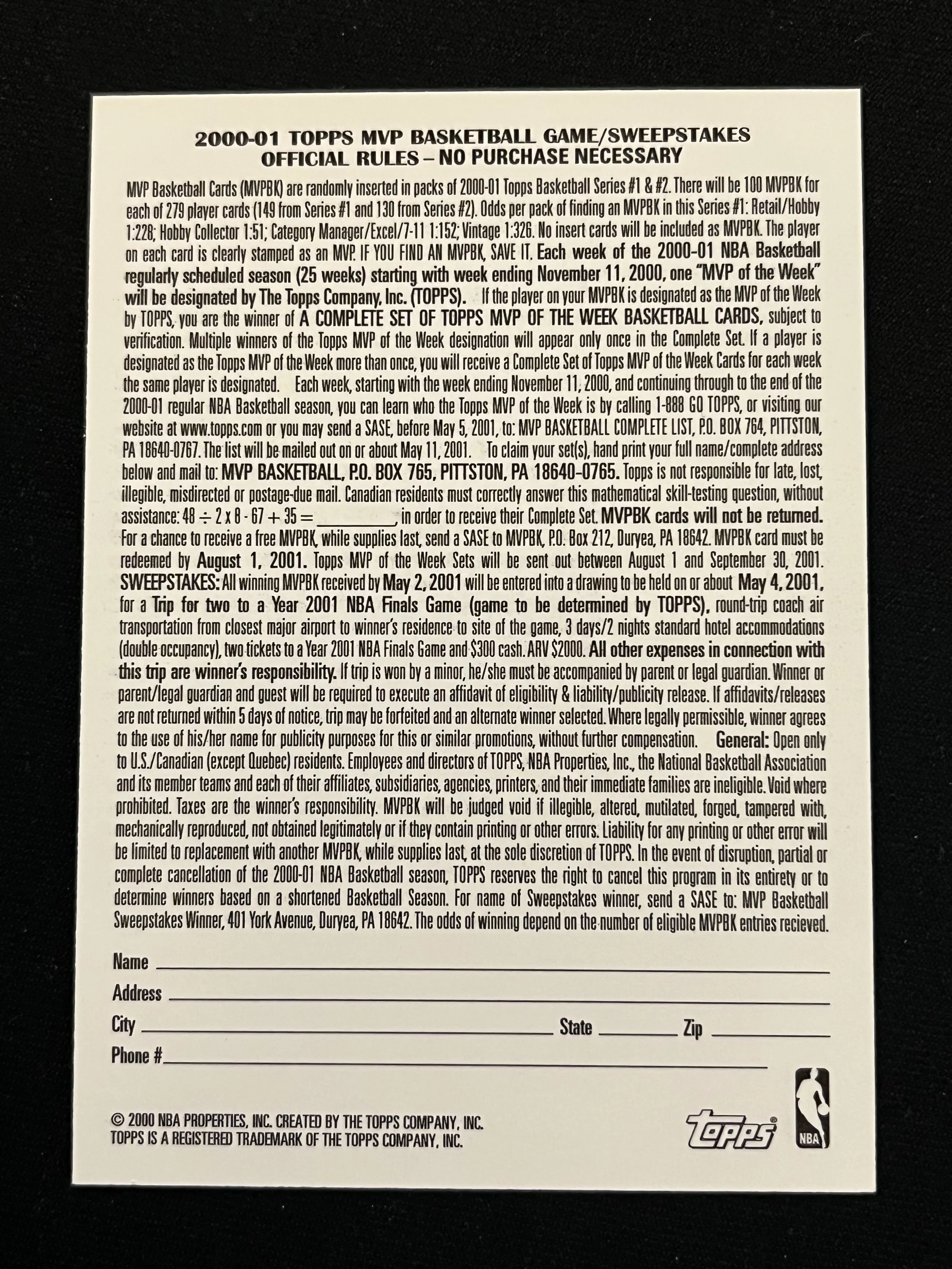 2000 Topps MVP /100 - back