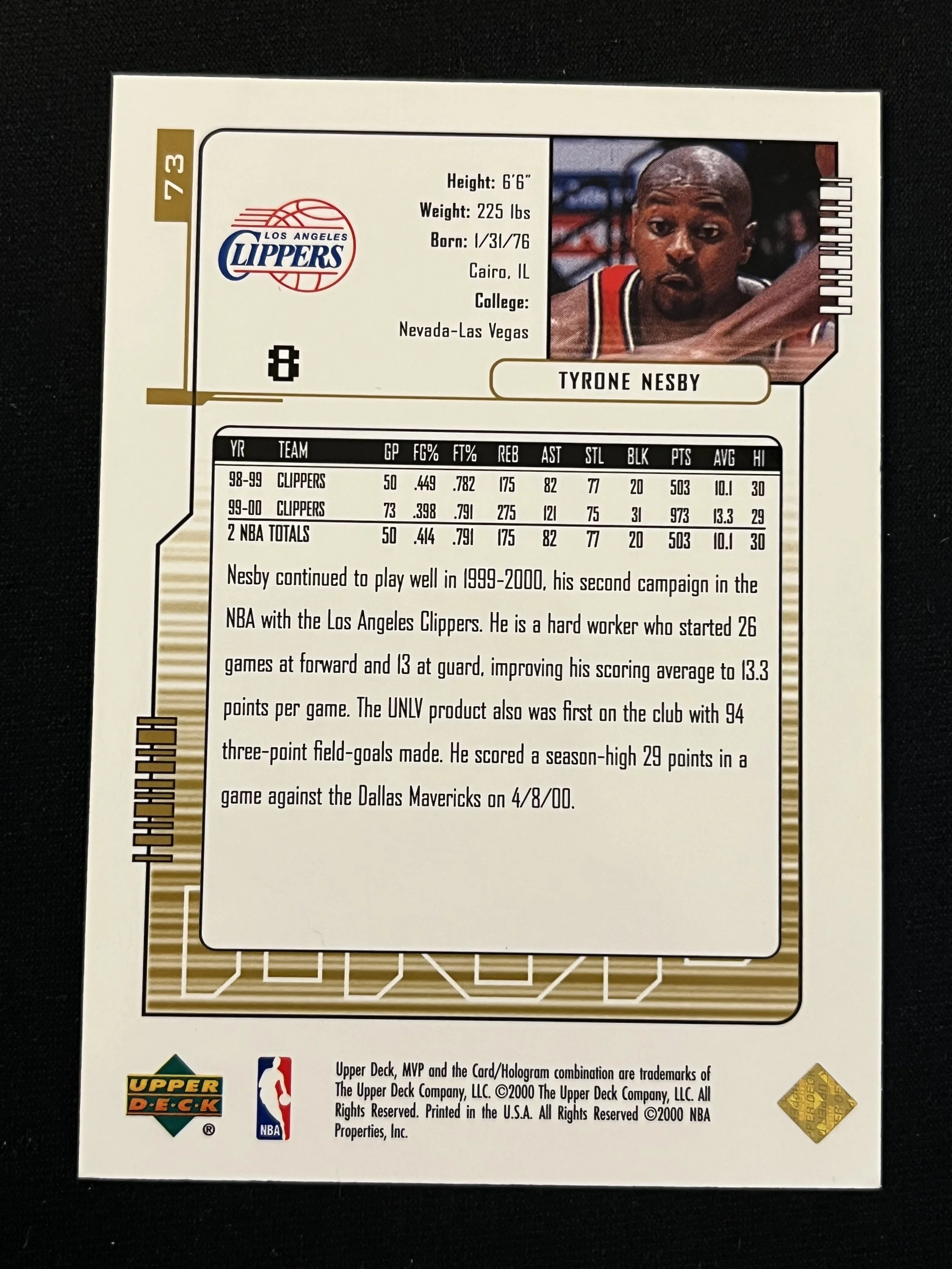 2000 Upper Deck MVP #73 Gold Script /100 - back