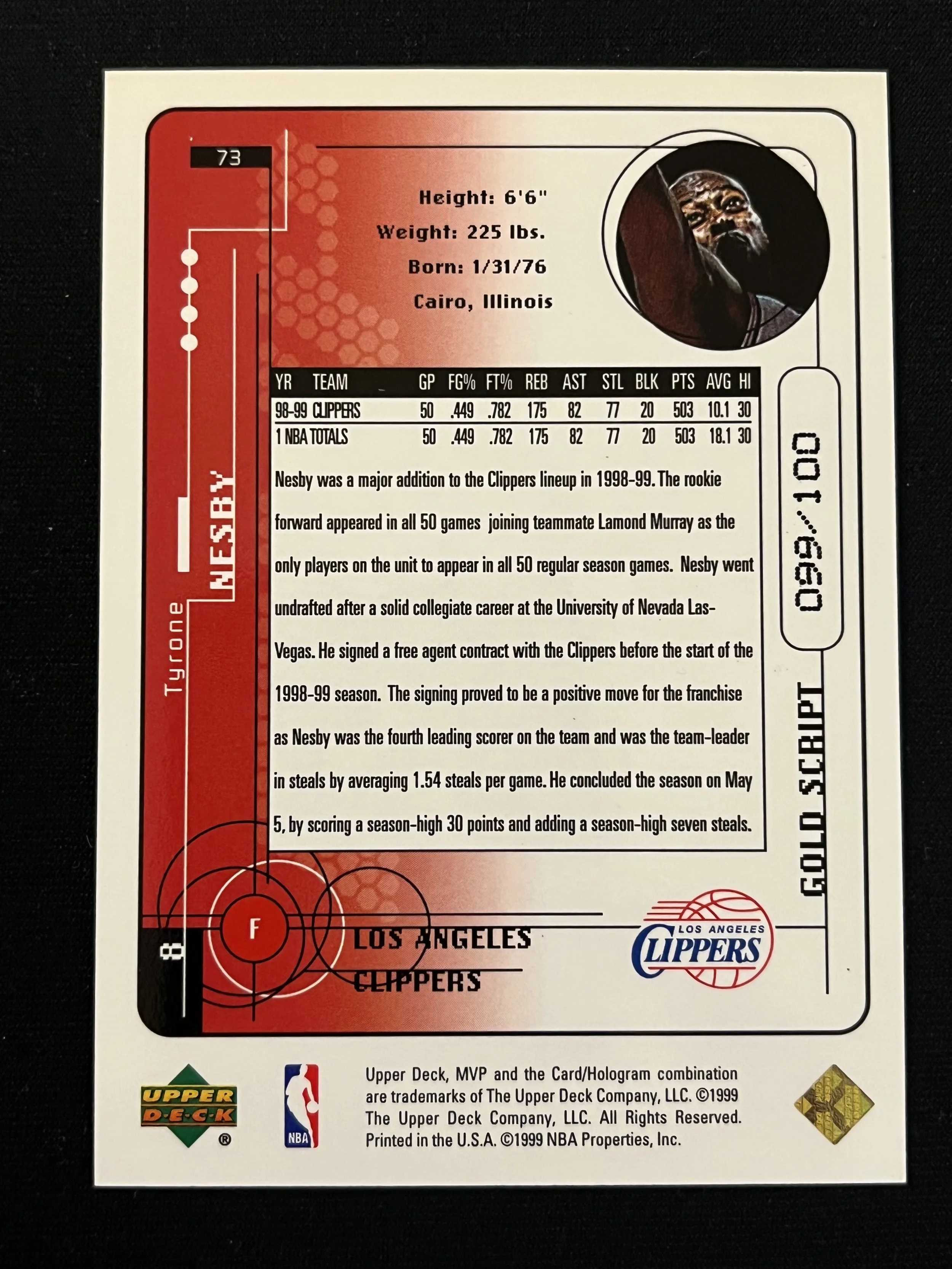 1999 Upper Deck MVP #73 Gold Script /100 - back