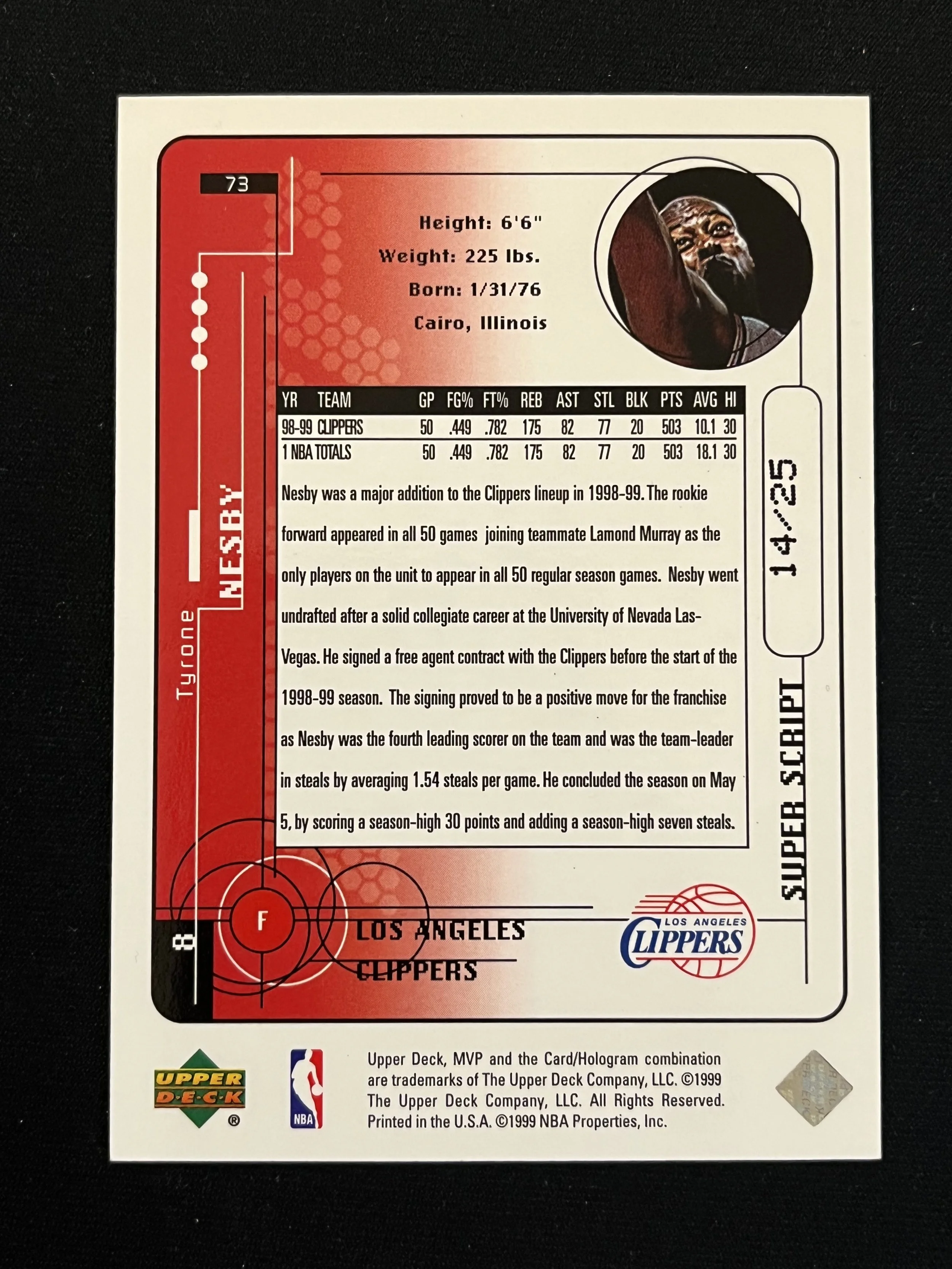 1999 Upper Deck MVP #73 Super Script /25 - back