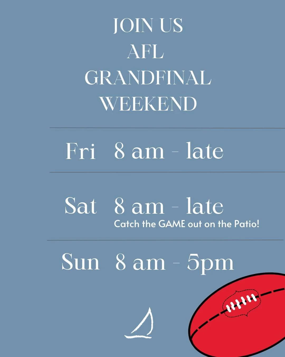 AFL Grand Final Weekend at The Boatshed! 🏉

We&rsquo;re here all long weekend to keep you fuelled up for the footy fun! 🍳🍽🍷

Opening Hours:
~ Grand Final Friday: 8am &ndash; late
~ Saturday: 8am &ndash; late
~ Sunday: 8am &ndash; 5pm

From brekky