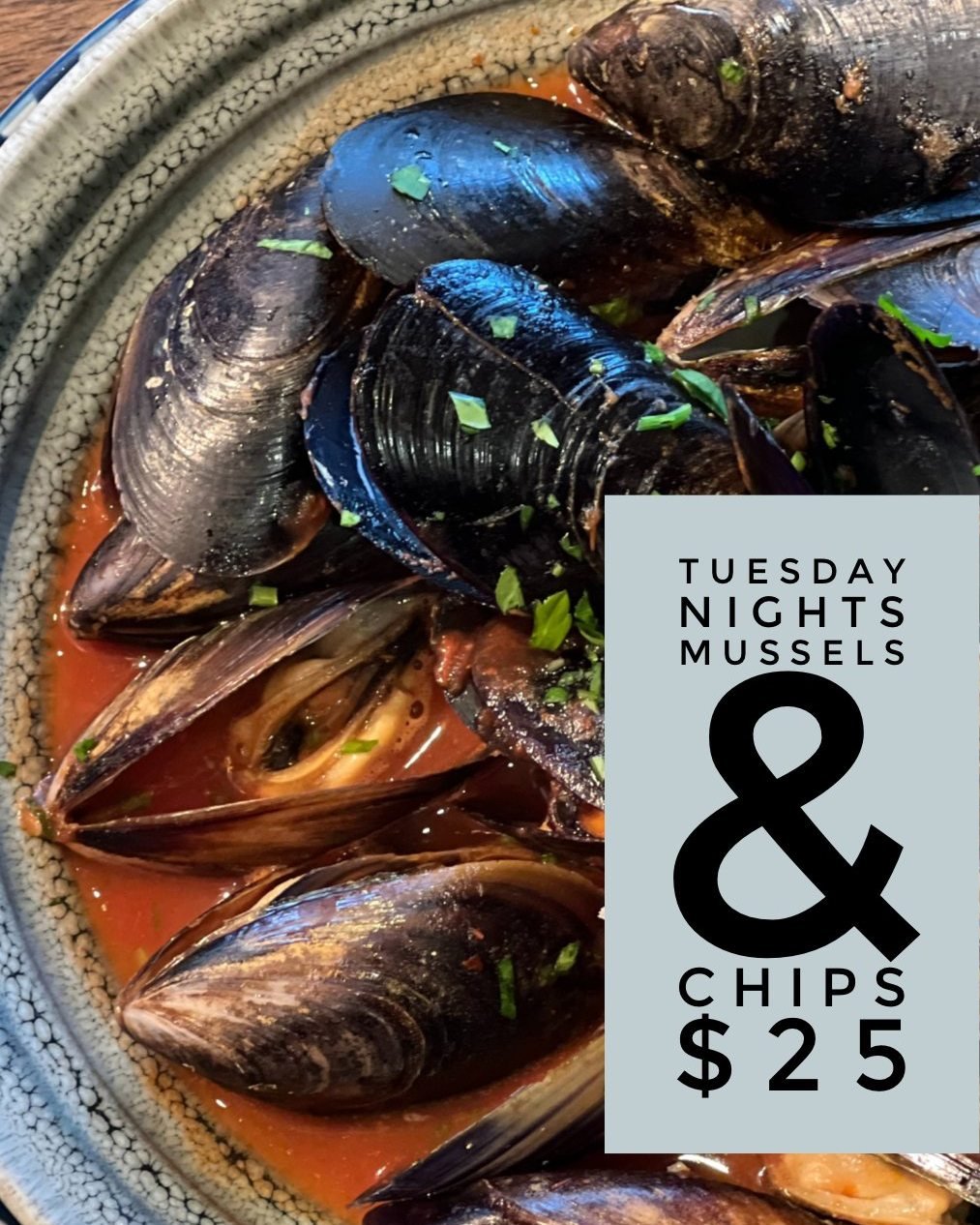 &bull; New to Tuesday Nights &bull; 
$25 Mussels &amp; Steakhouse Chips 🌊

Your new midweek go-to.
Fresh mussels steamed with garlic, chilli, tomato and white wine, served with seasoned steakhouse chips to soak up every drop of that delicious sauce.