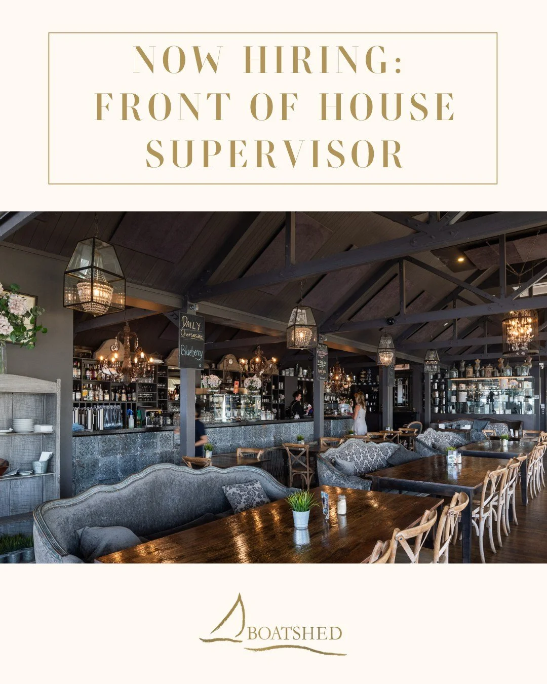 🌟 NOW HIRING &ndash; FRONT OF HOUSE SUPERVISOR 🌟

The Boatshed Restaurant is on the lookout for an experienced Front of House Supervisor to join our team.

We&rsquo;re seeking someone who is passionate about hospitality, committed to creating excep