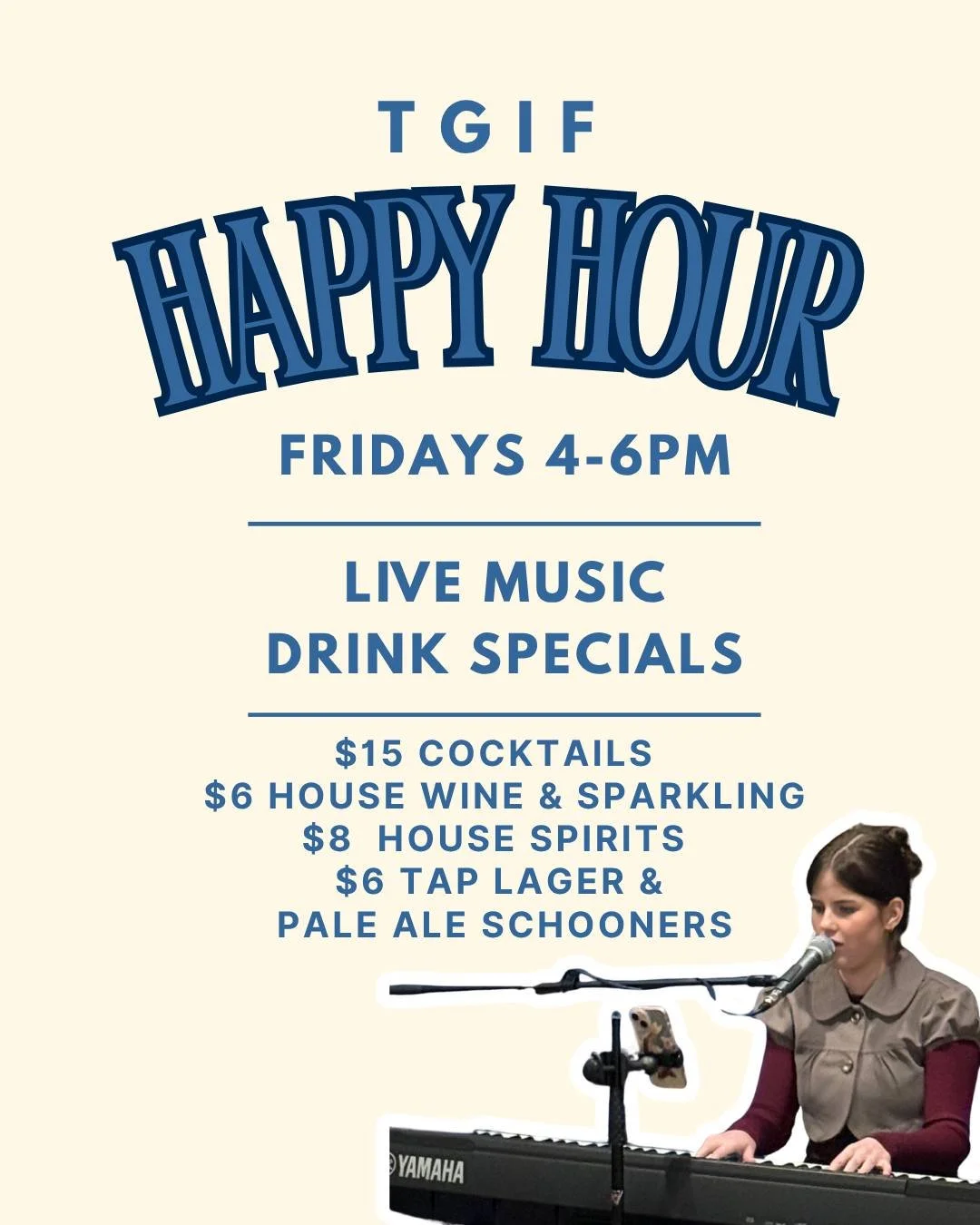 TGIF Happy Hour! 🍸🎶

The gorgeous Indi Gilmore is back to entertain us this week!

Join us Friday from 4&ndash;6pm for great drink specials, $9 bites menu and, most importantly, $15 cocktails! Espresso Martini, anyone? 😍

The perfect way to bring 