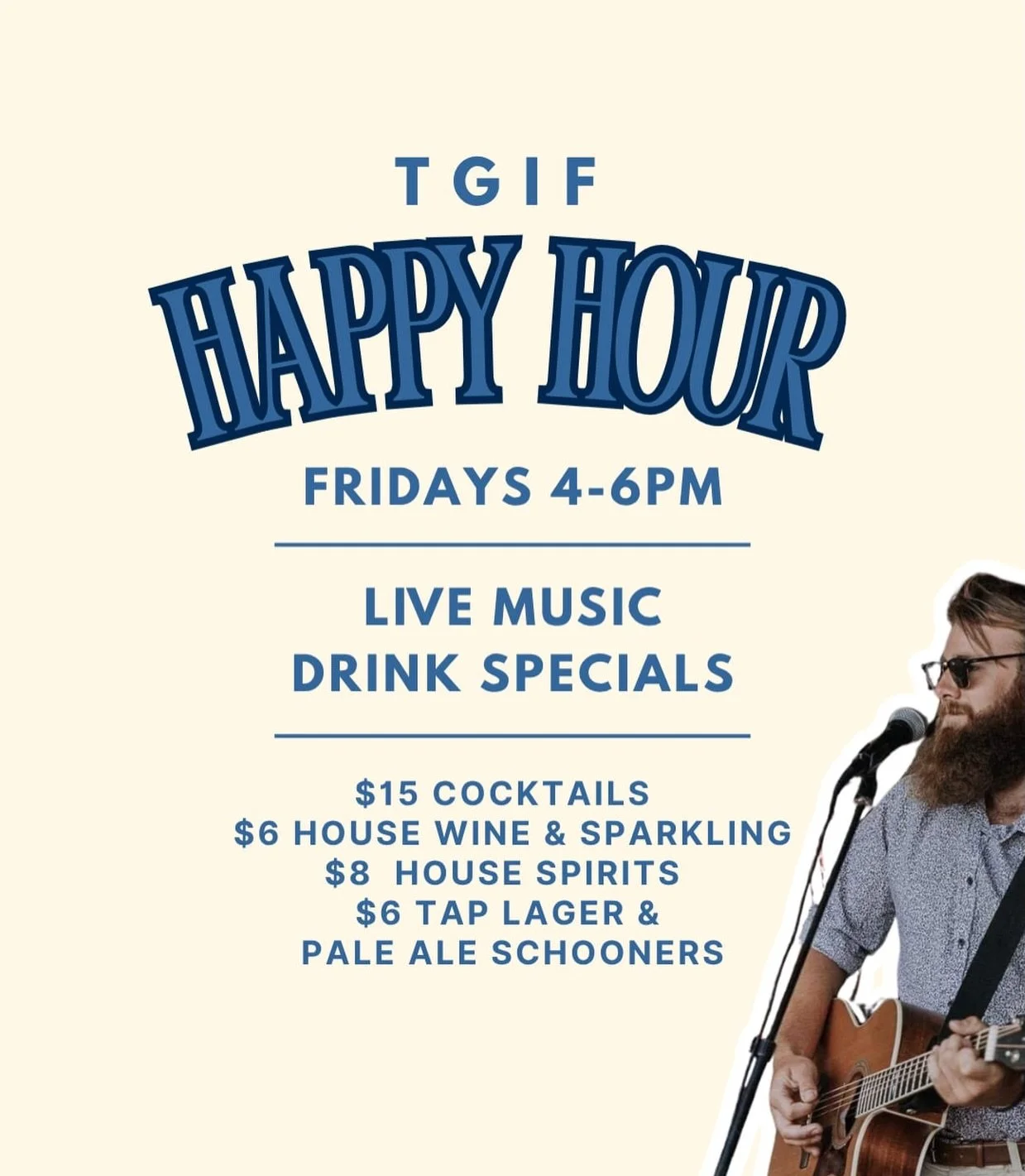 TGIF Happy Hour! Are you ready? Because we are! 🍸🎶

Troy Elliott is joining us live this Friday, bringing the perfect soundtrack to your afternoon.

🍸 $15 cocktails - including Espresso Martinis
🍴 $9 bites menu
🎶 Live music
⏰ Friday, 4&ndash;6pm