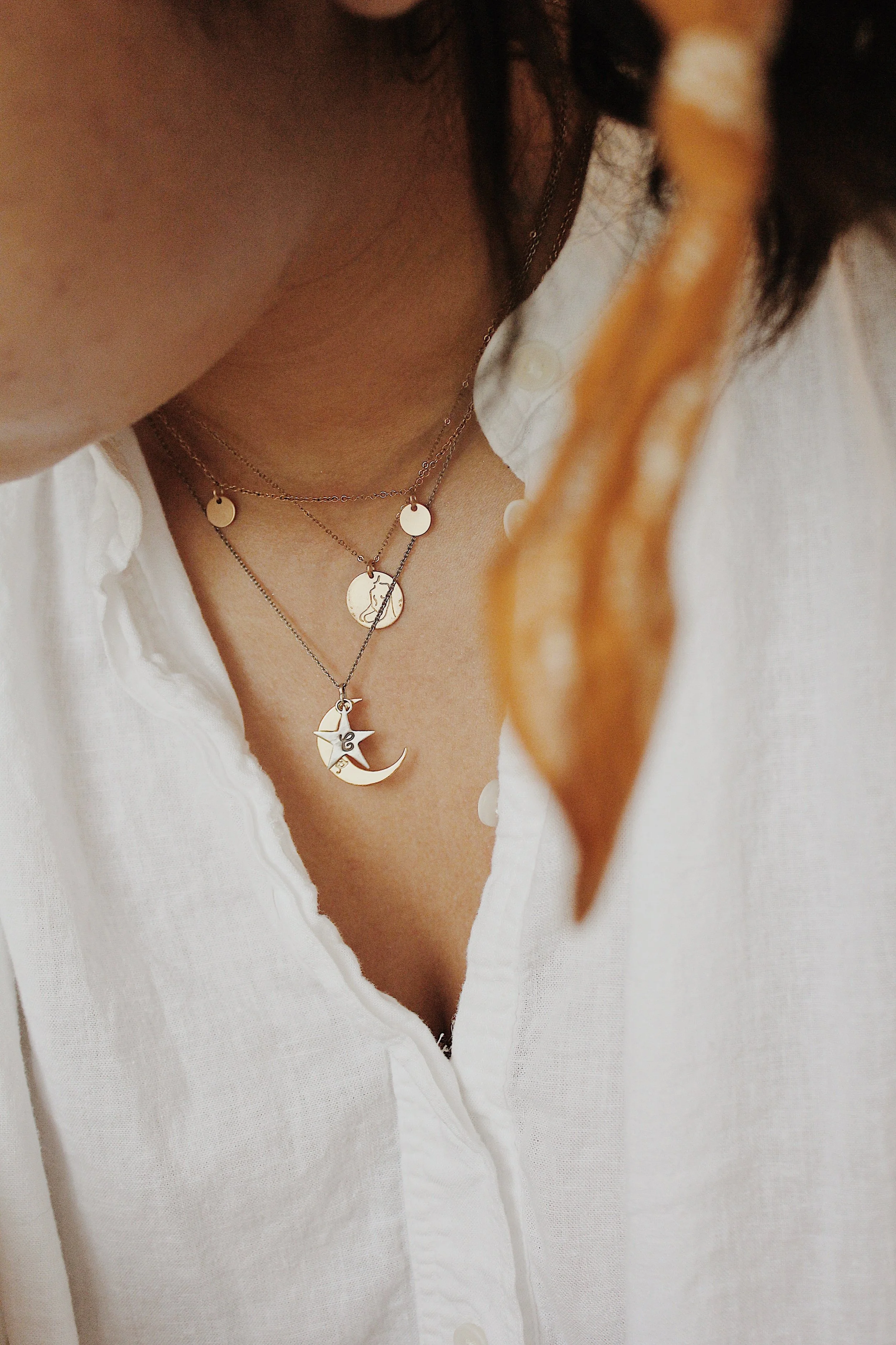 From top to bottom: Tumble Five Dot Collar (unavailable but similar option here ) // GLDN Poise from La Femme Collection Necklace // Catbird You are my Moon and Stars Necklace