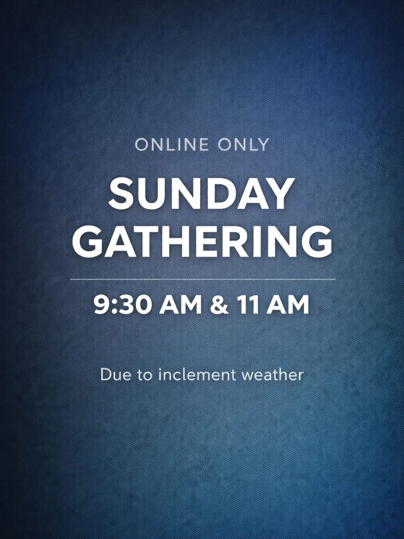We&rsquo;ve been informed that parking in the school lot&nbsp;and&nbsp;on the street will be unavailable this Sunday due to the inclement weather. Because of this, our Sunday gatherings will be&nbsp;online only&nbsp;at&nbsp;9:30AM &amp; 11:00AM.
&nbs