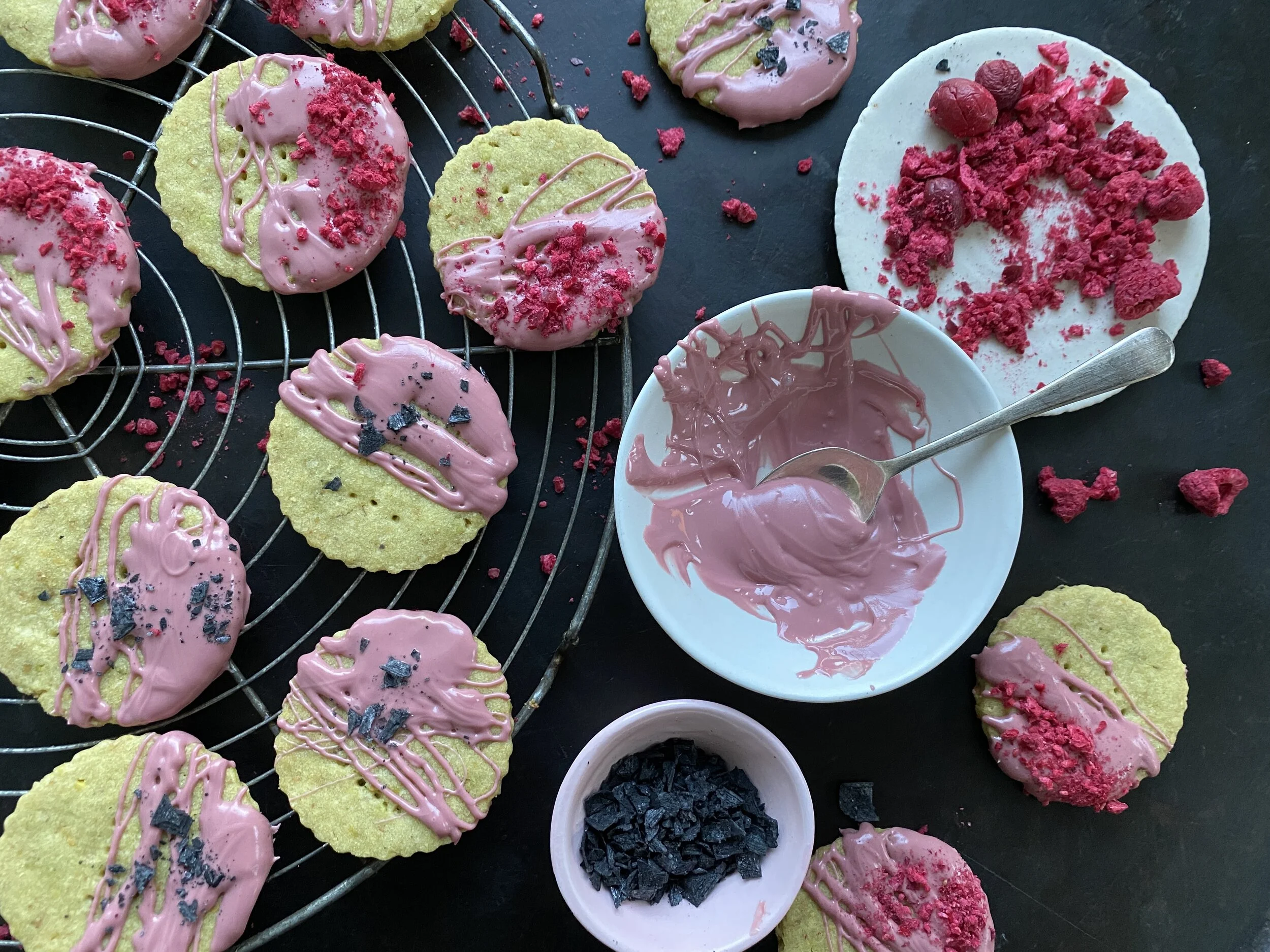Pistachio-Matcha Shortbread with Ruby Chocolate