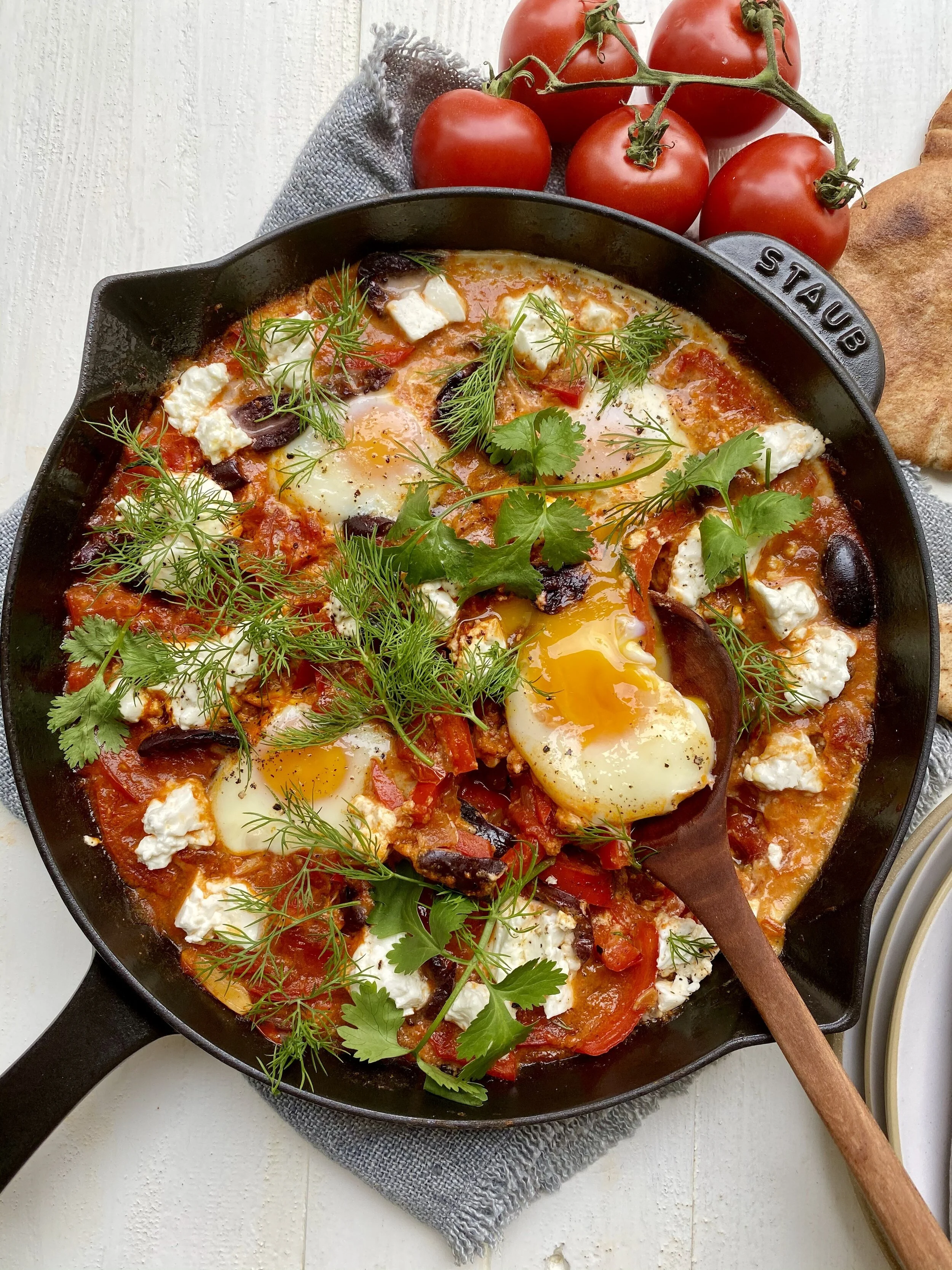 Shakshuka with Peppers, Feta, and Olives