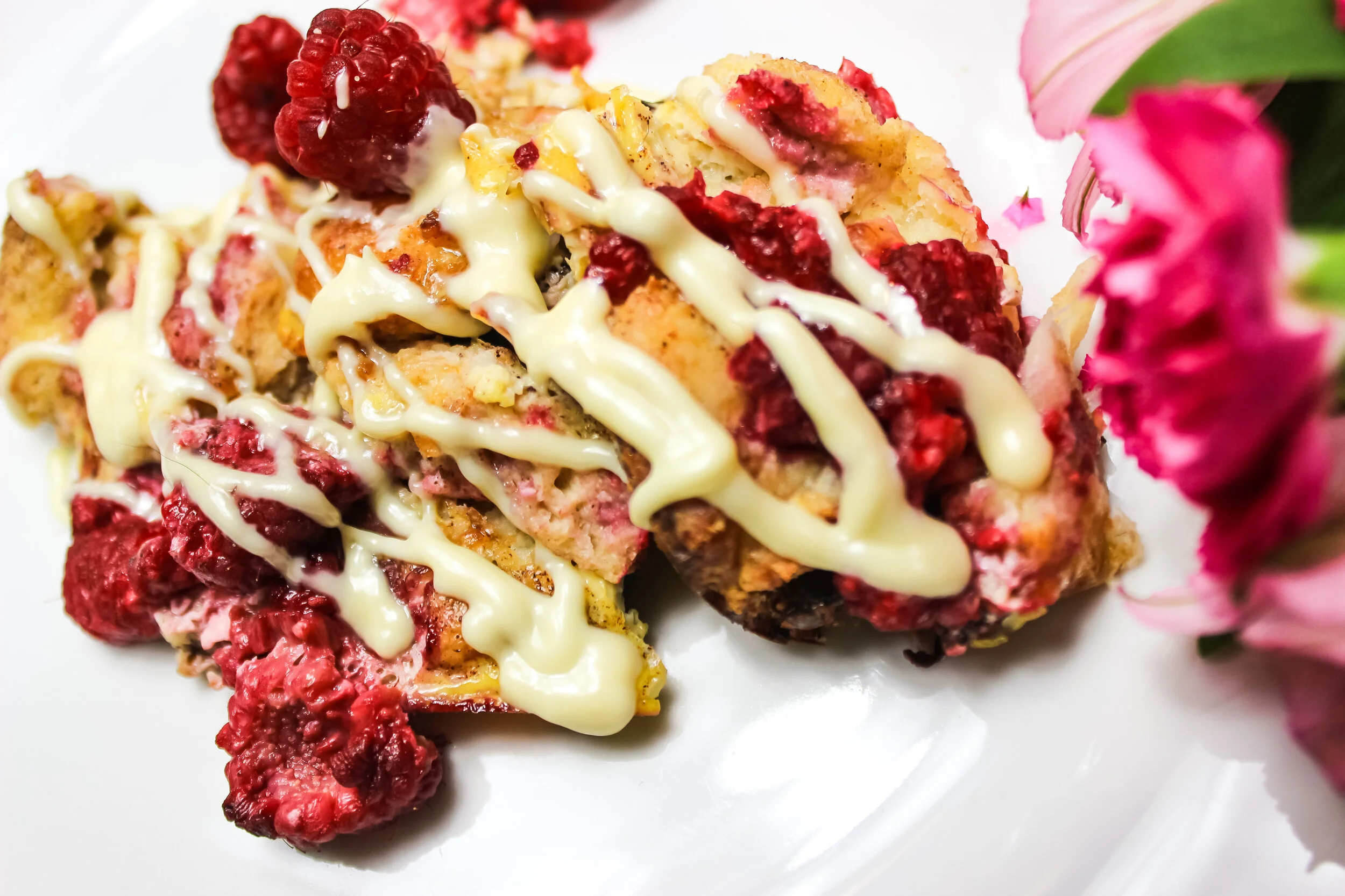Keto Baked Croissant French Toast With White Chocolate And Raspberries Randolph And Roses