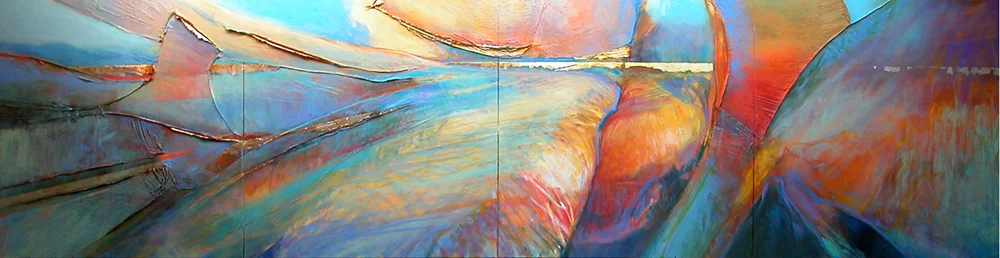 <i> PHOENIX RISING (polyptych) </i> <br> Acrylic on four-piece polyptych <br> 45"x180" <br> Price: SOLD