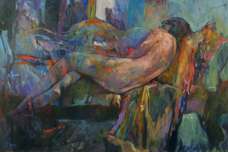 <i> RECLINING NUDE IN SHADOW </i> <br> Oil on panel <br> XX" x XX" <br> SOLD