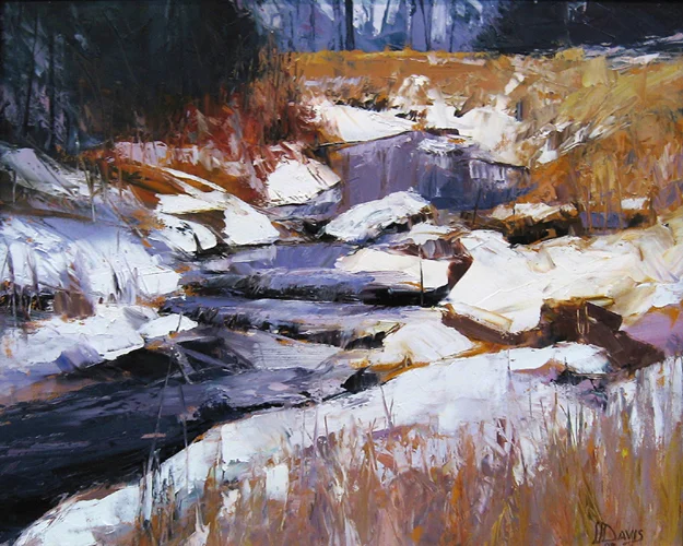 <i> JANUARY IN KINGFISHER HOLLOW </i> <br> Oil on canvas <br> 15" x 19" <br> Price: $2500